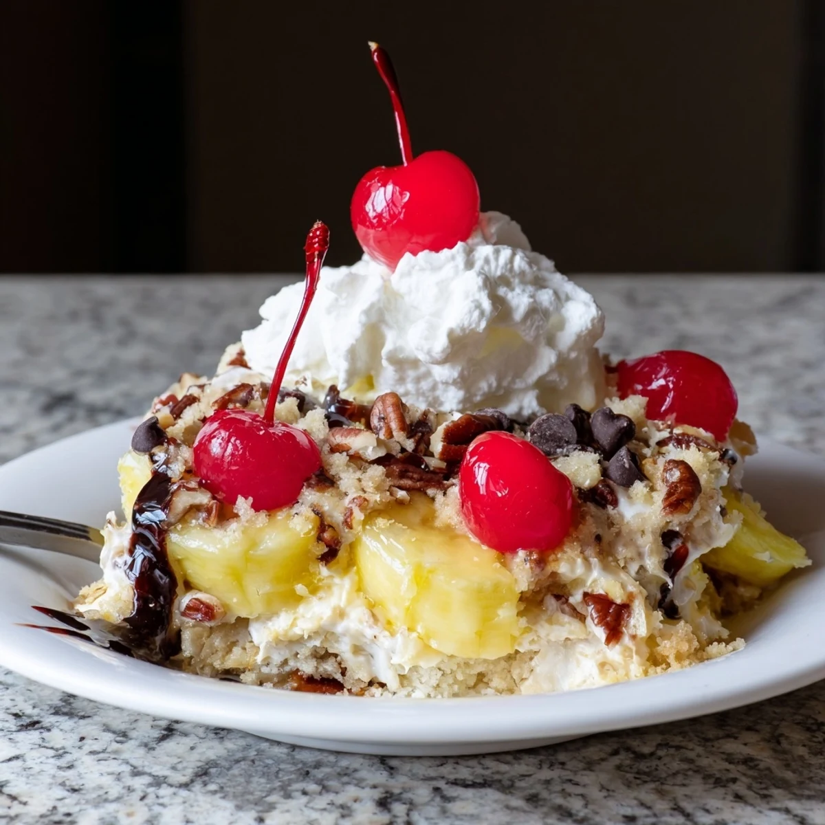 Warm Banana Split Dump Cake bubbling in dish, bananas, chocolate, cherries visible