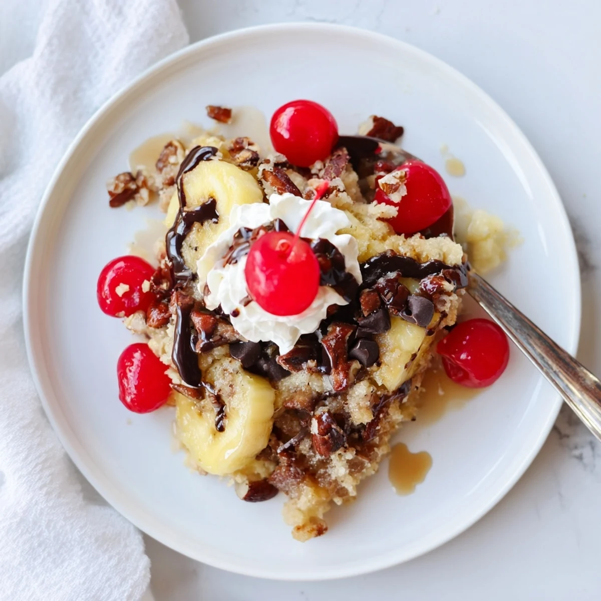 Sliced bananas and pineapple beneath golden Banana Split Dump Cake, topped with whipped cream