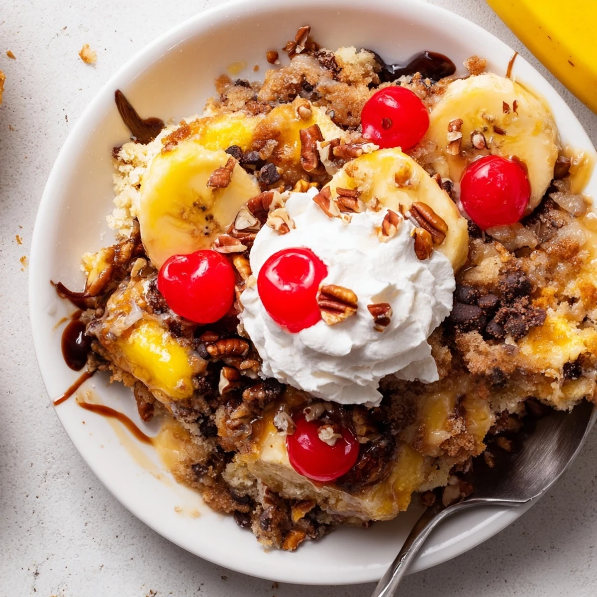 Close-up of drizzled Banana Split Dump Cake with chocolate chips and cherry garnish