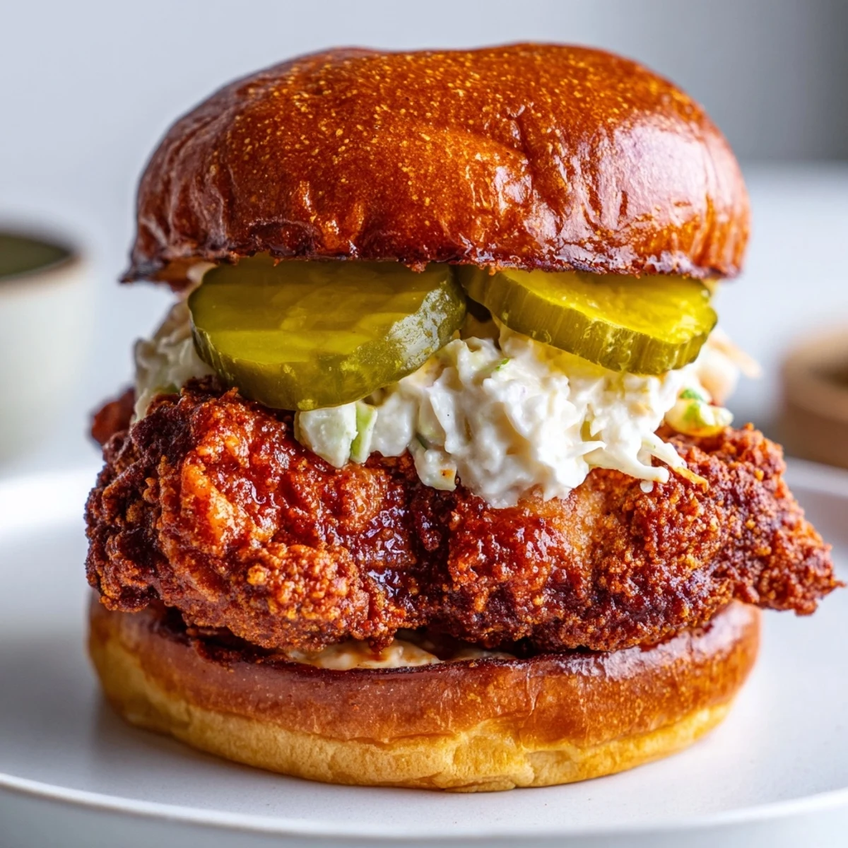 Spicy Nashville Hot Chicken Sandwiches piled on toasted brioche, pickles and crisp slaw