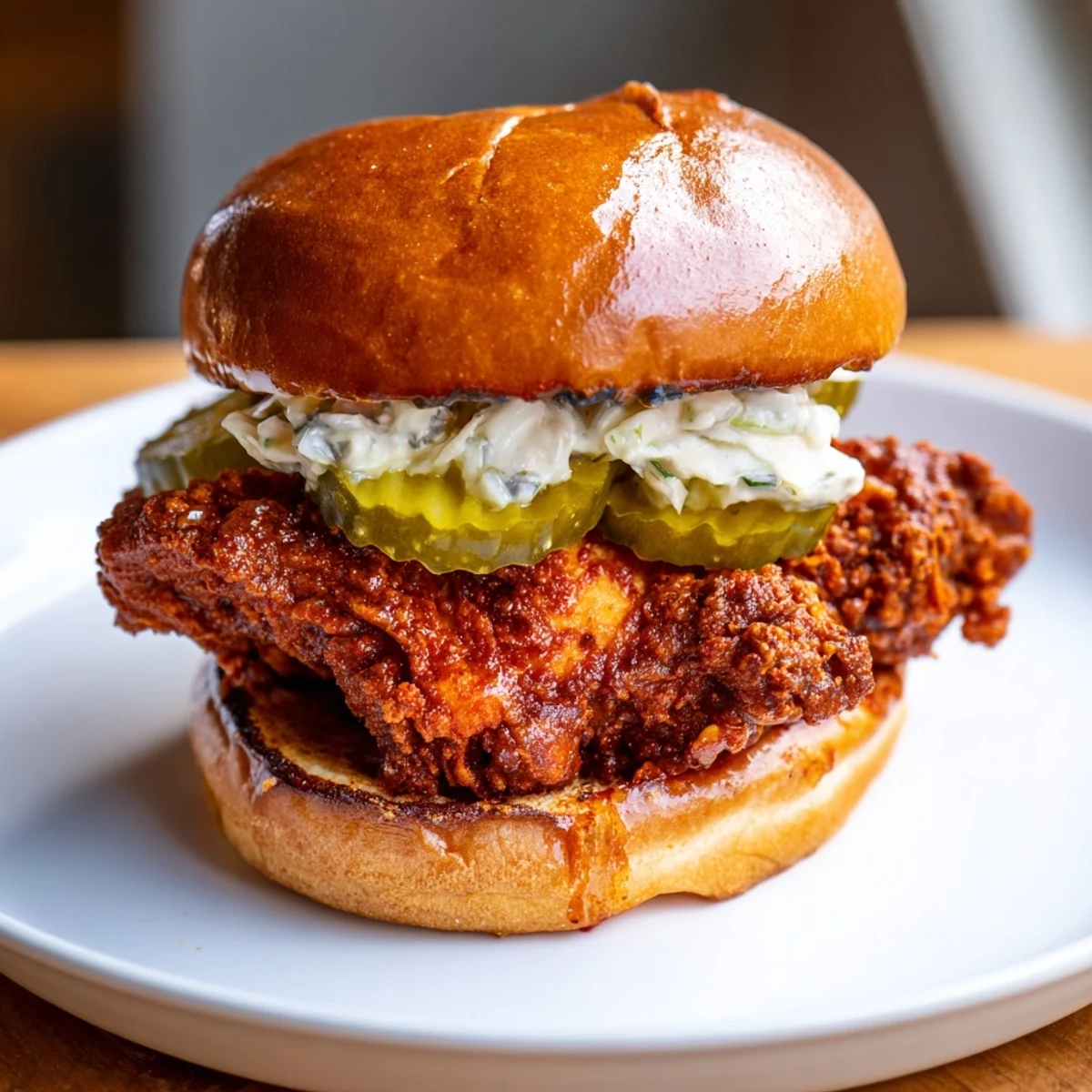 Plate of Spicy Nashville Hot Chicken Sandwiches served hot alongside sweet iced tea