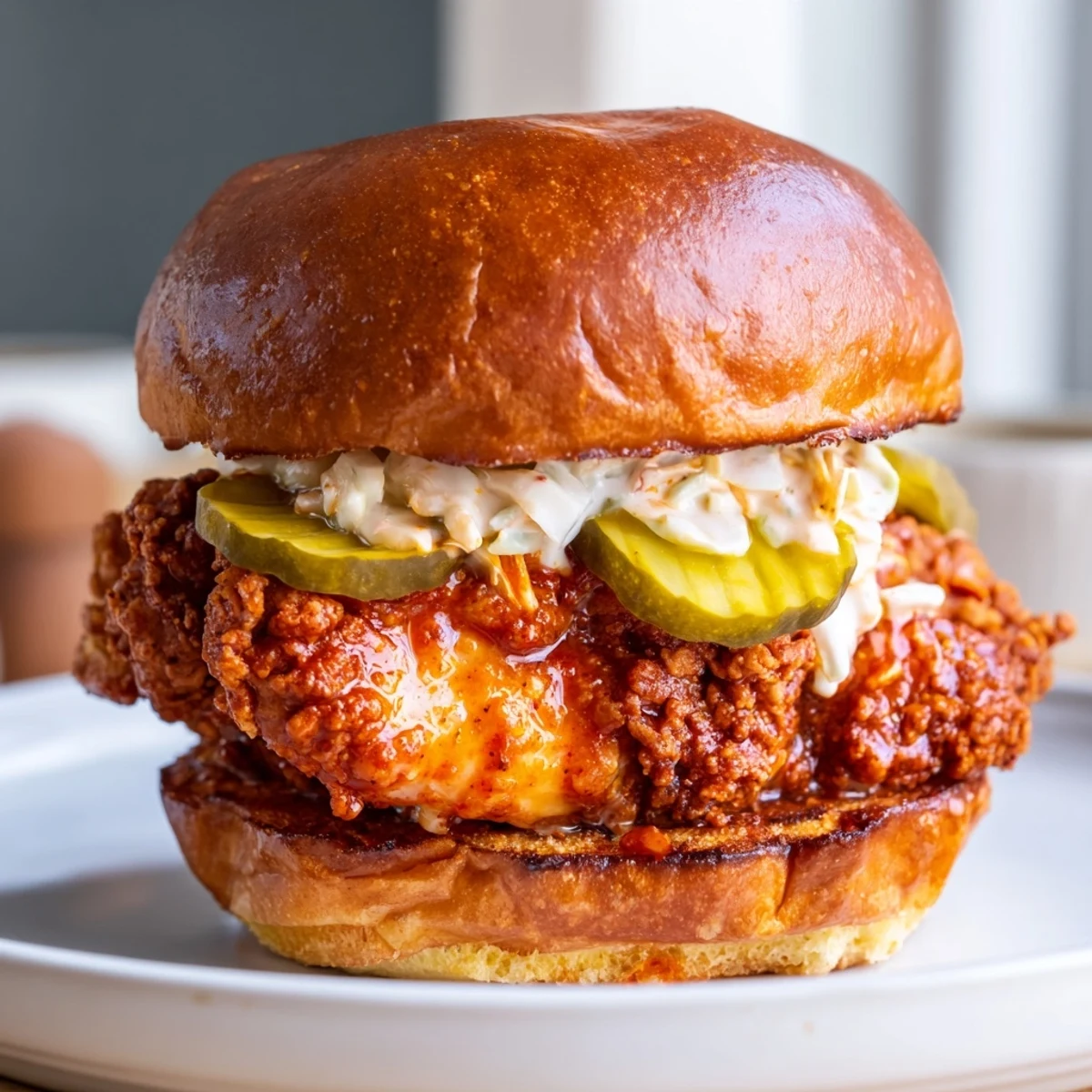 Buttery toasted bun cradles Spicy Nashville Hot Chicken Sandwiches glazed with fiery oil