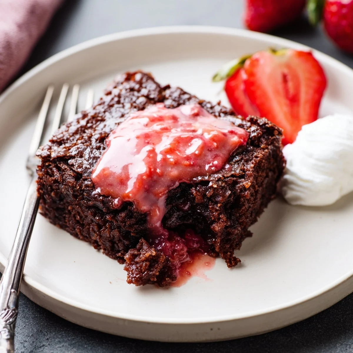 Strawberry Brownies Recipe: fudgy squares glazed with pink strawberry icing, served warm