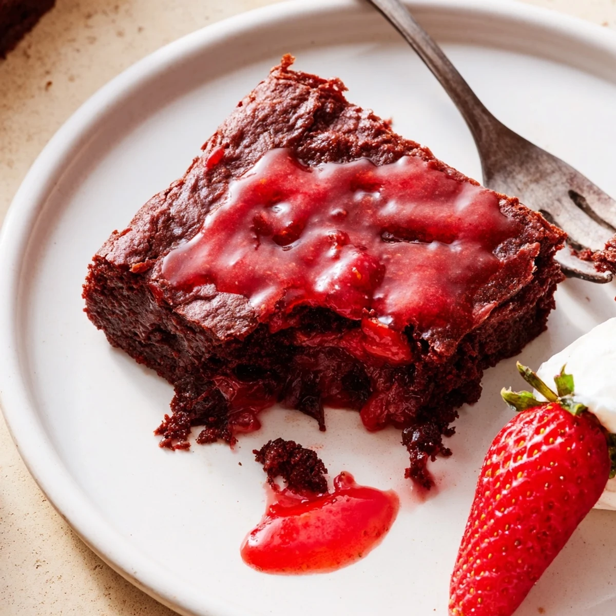 Homestyle Strawberry Brownies Recipe sliced into squares, drizzled glaze and vanilla whipped cream