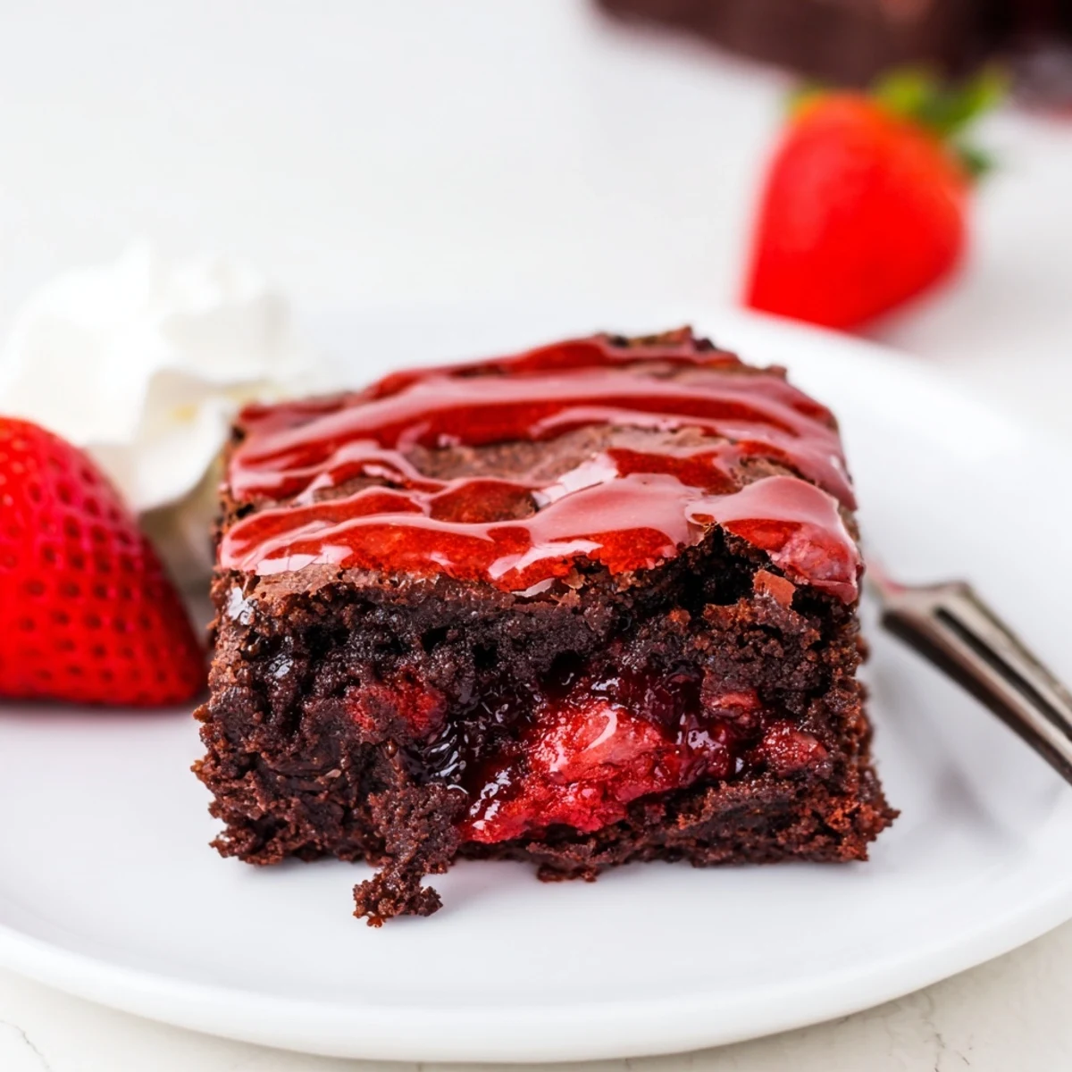 Moist Strawberry Brownies Recipe displayed on parchment, topped with fresh berries