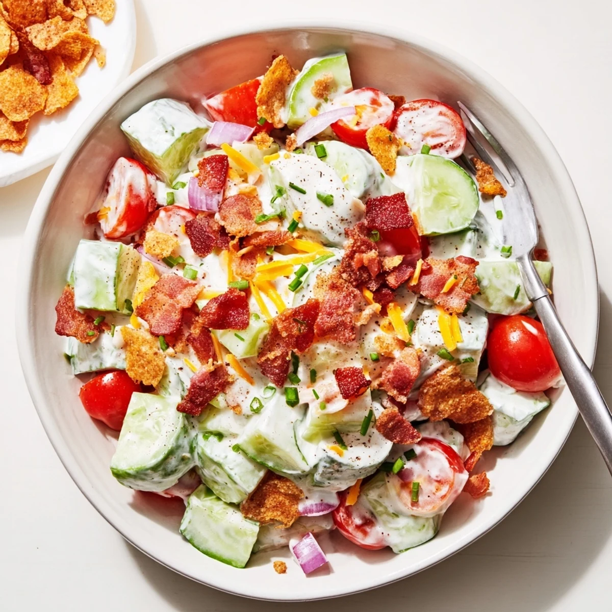 Bowl of Cucumber Ranch Crack Salad with crispy bacon and chips