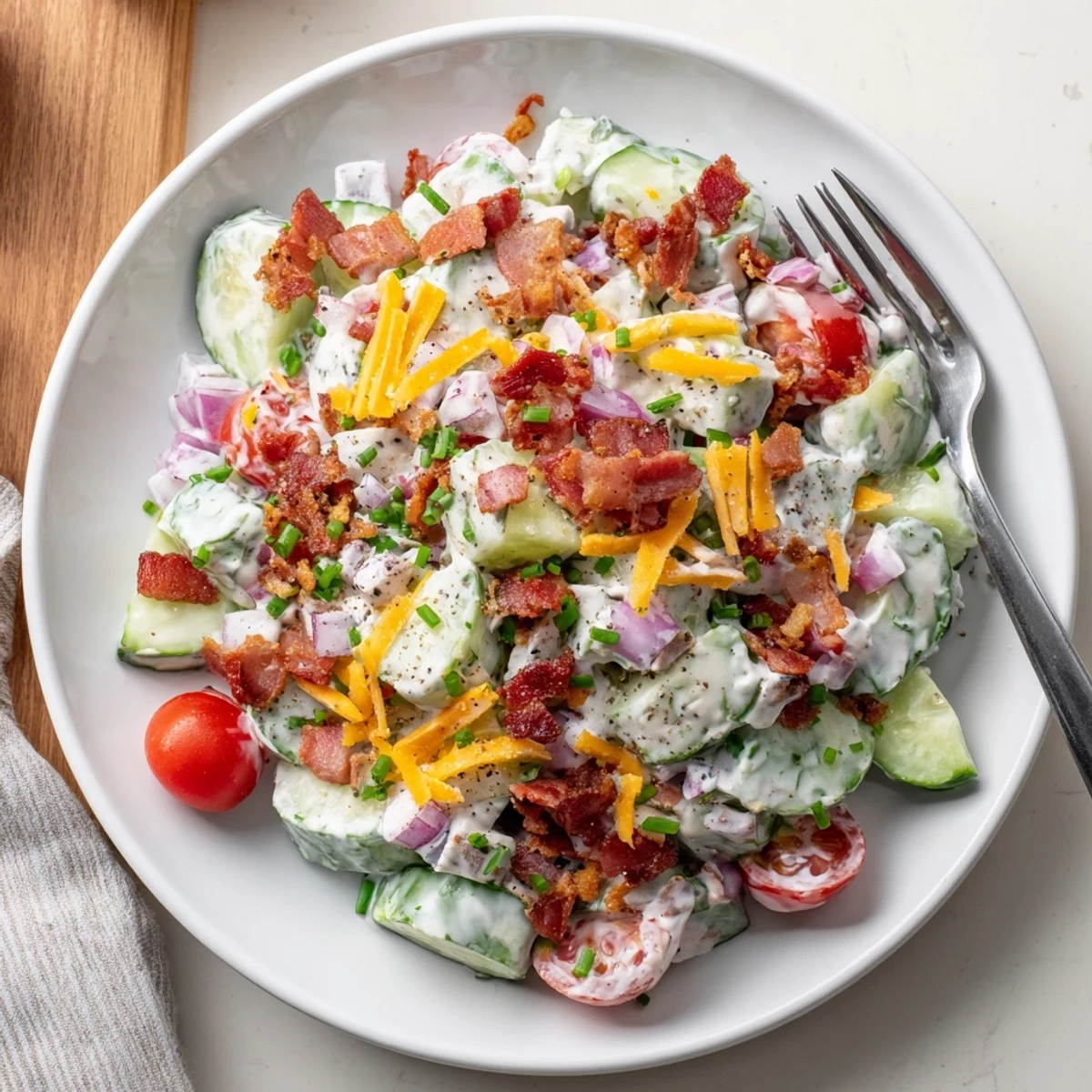 Creamy Cucumber Ranch Crack Salad tossed with cheddar, chives, and peppery bite