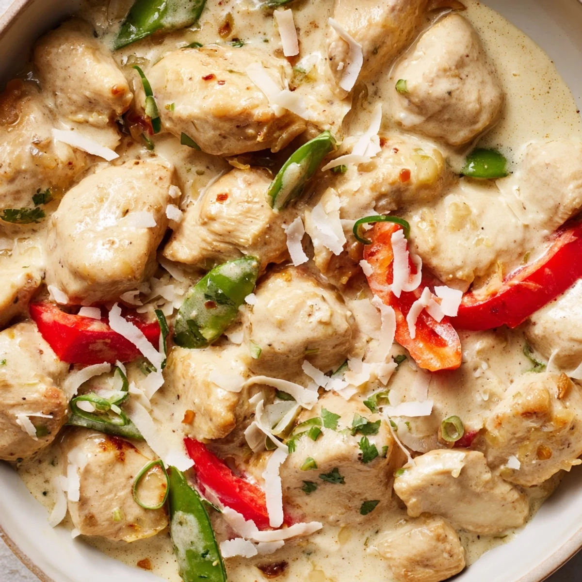 Creamy coconut chicken rice bowl topped with tender meat and colorful fresh vegetables in a rich coconut curry sauce.