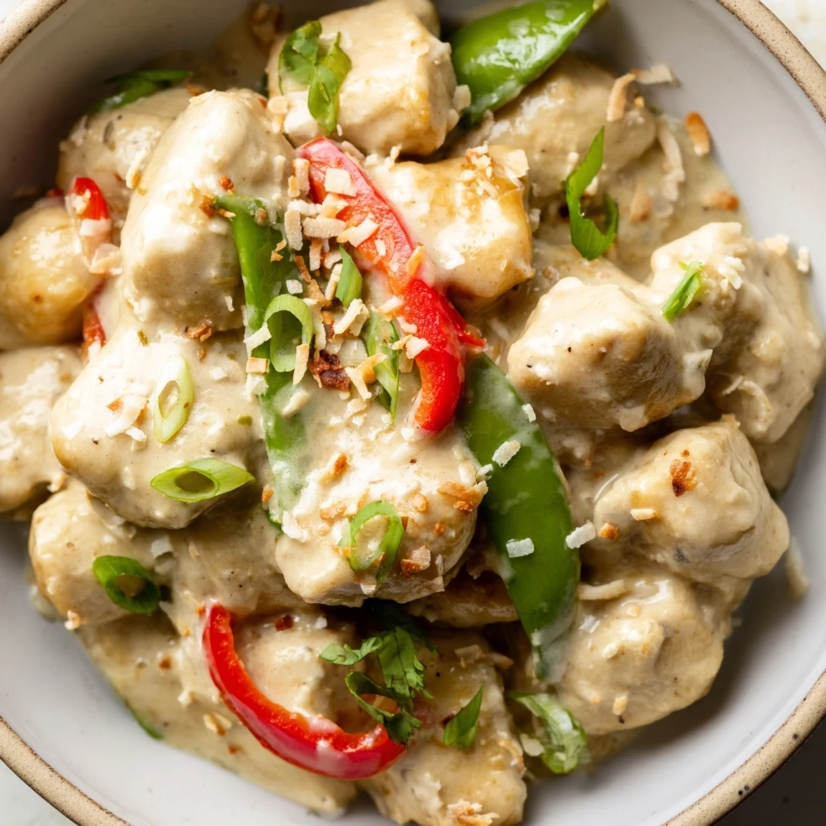 Golden chicken pieces simmered in aromatic coconut sauce served over fluffy white rice with crisp bell pepper garnish.