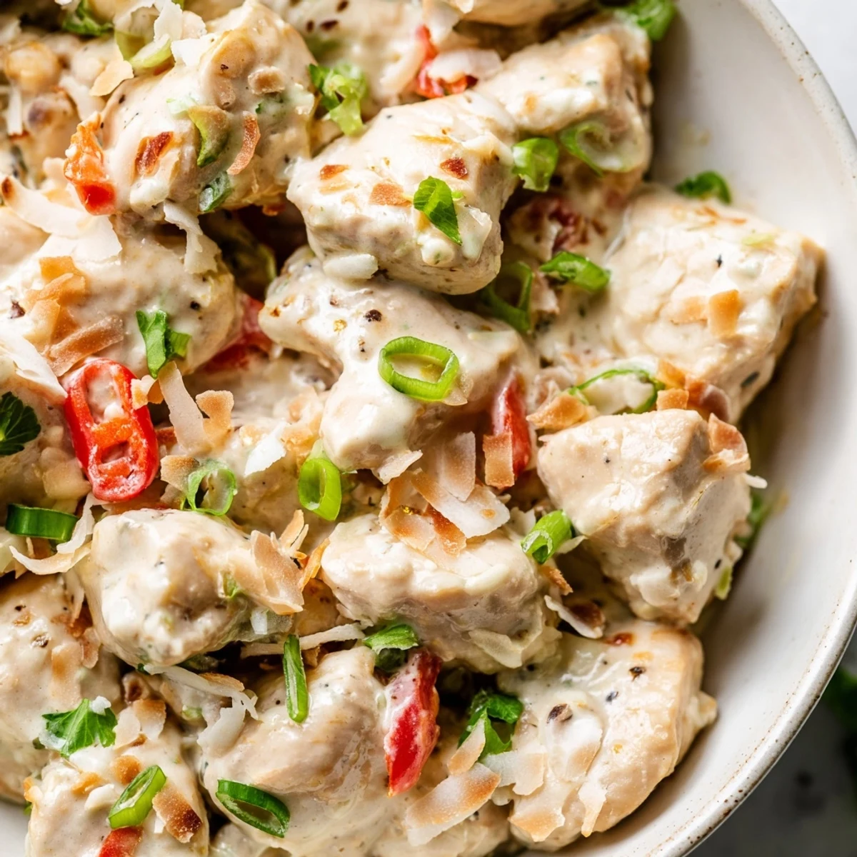 Asian-inspired coconut chicken rice bowl featuring succulent chicken in creamy coconut milk sauce over steaming jasmine rice with fresh herbs.