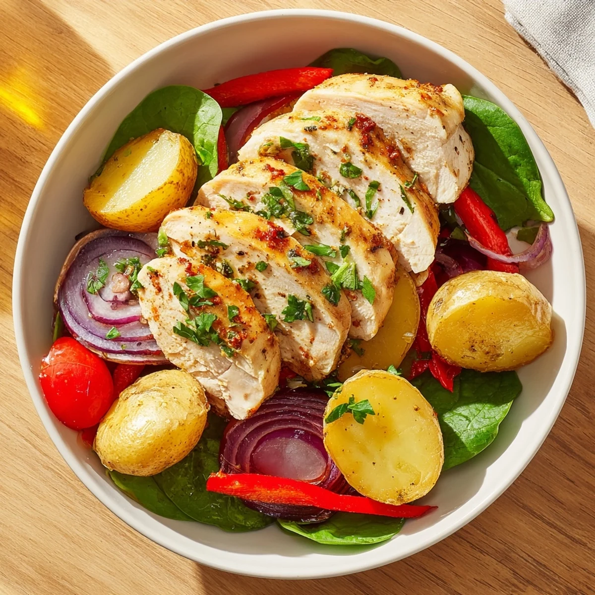 Golden roasted baby potatoes and sliced grilled chicken arranged in a bowl with colorful bell peppers and fresh spinach leaves