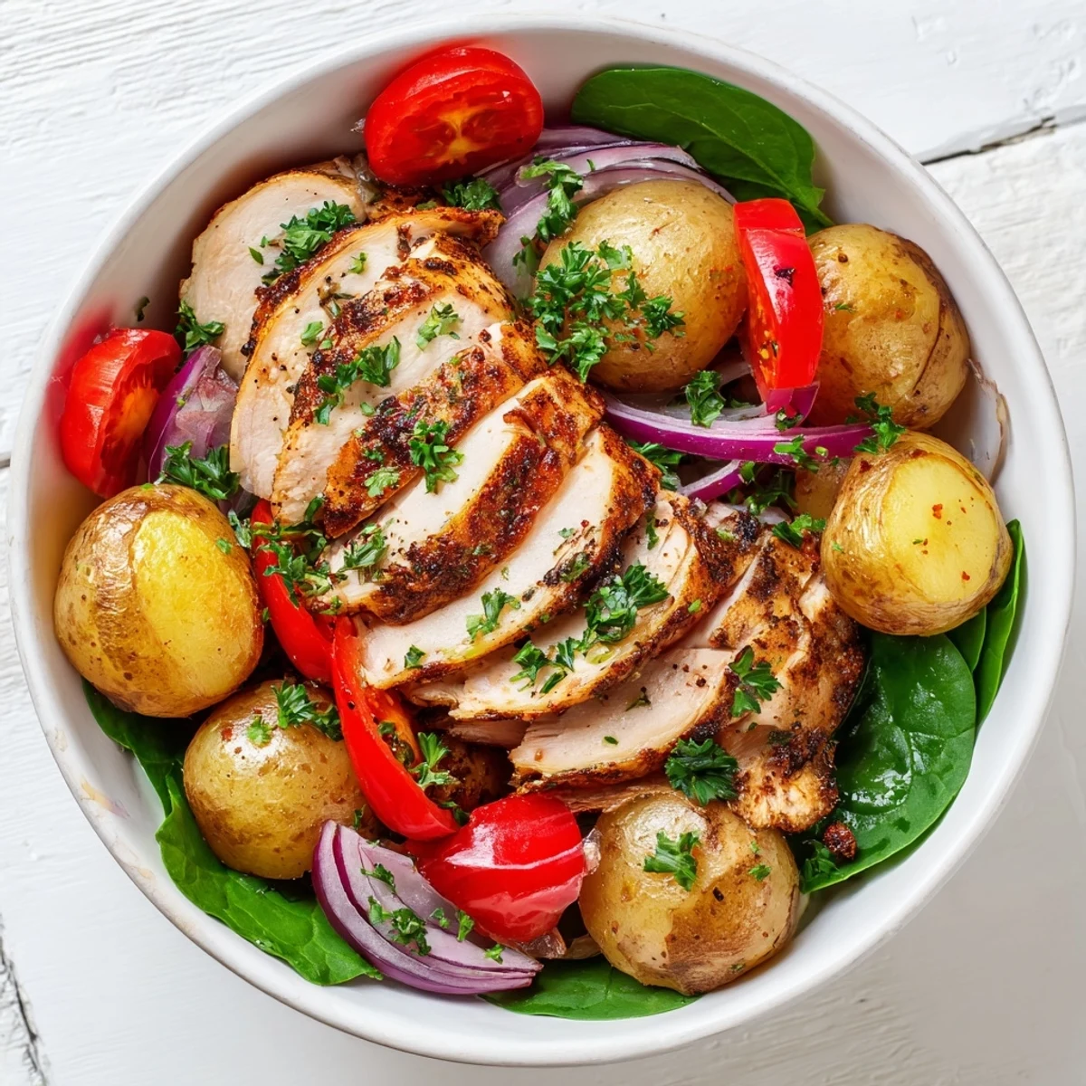 Healthy skinny chicken and roasted potato bowl featuring tender seasoned chicken atop crisp vegetables and vibrant cherry tomatoes