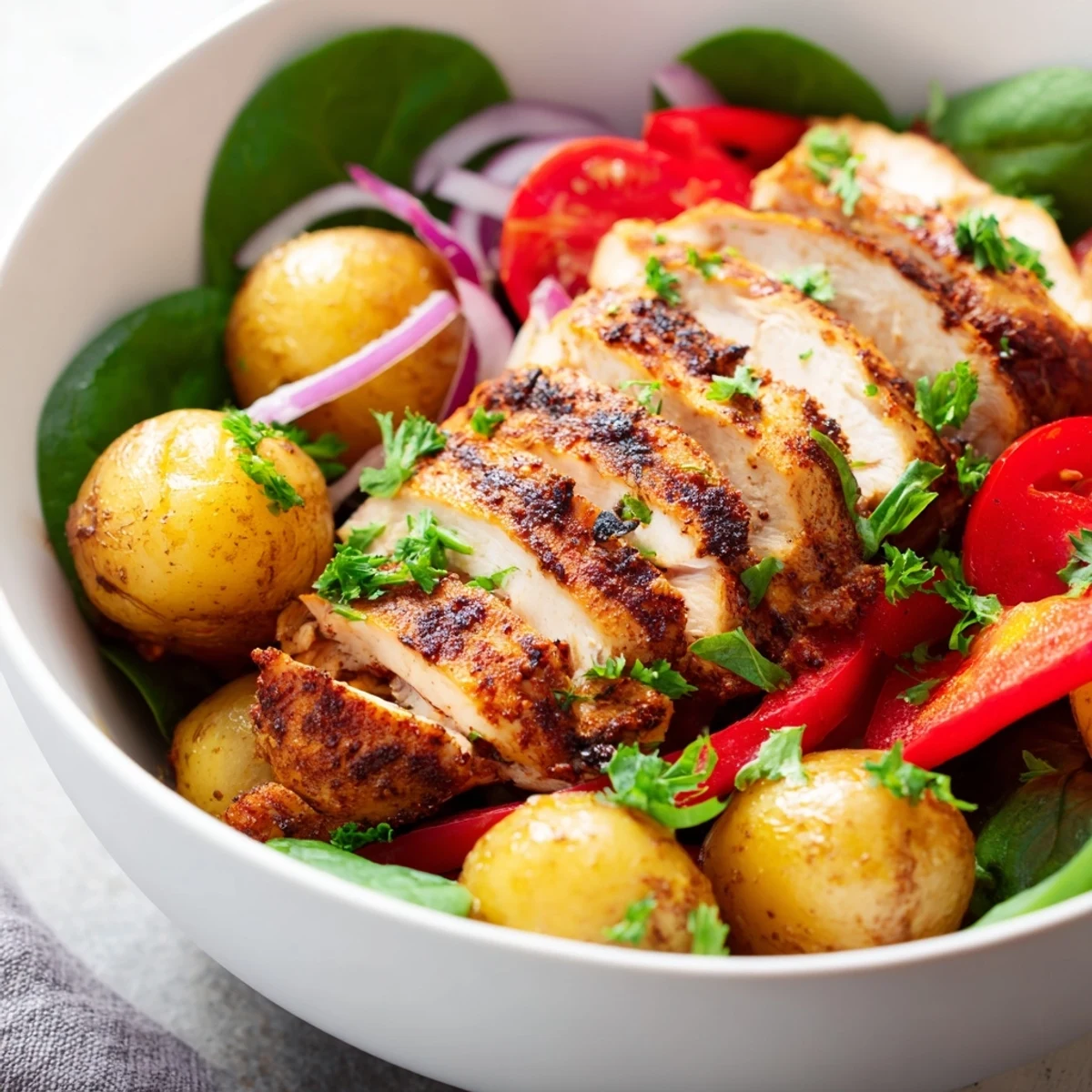 Protein-packed grilled chicken breast slices served over roasted red potatoes and vegetables in this nutritious low-fat bowl