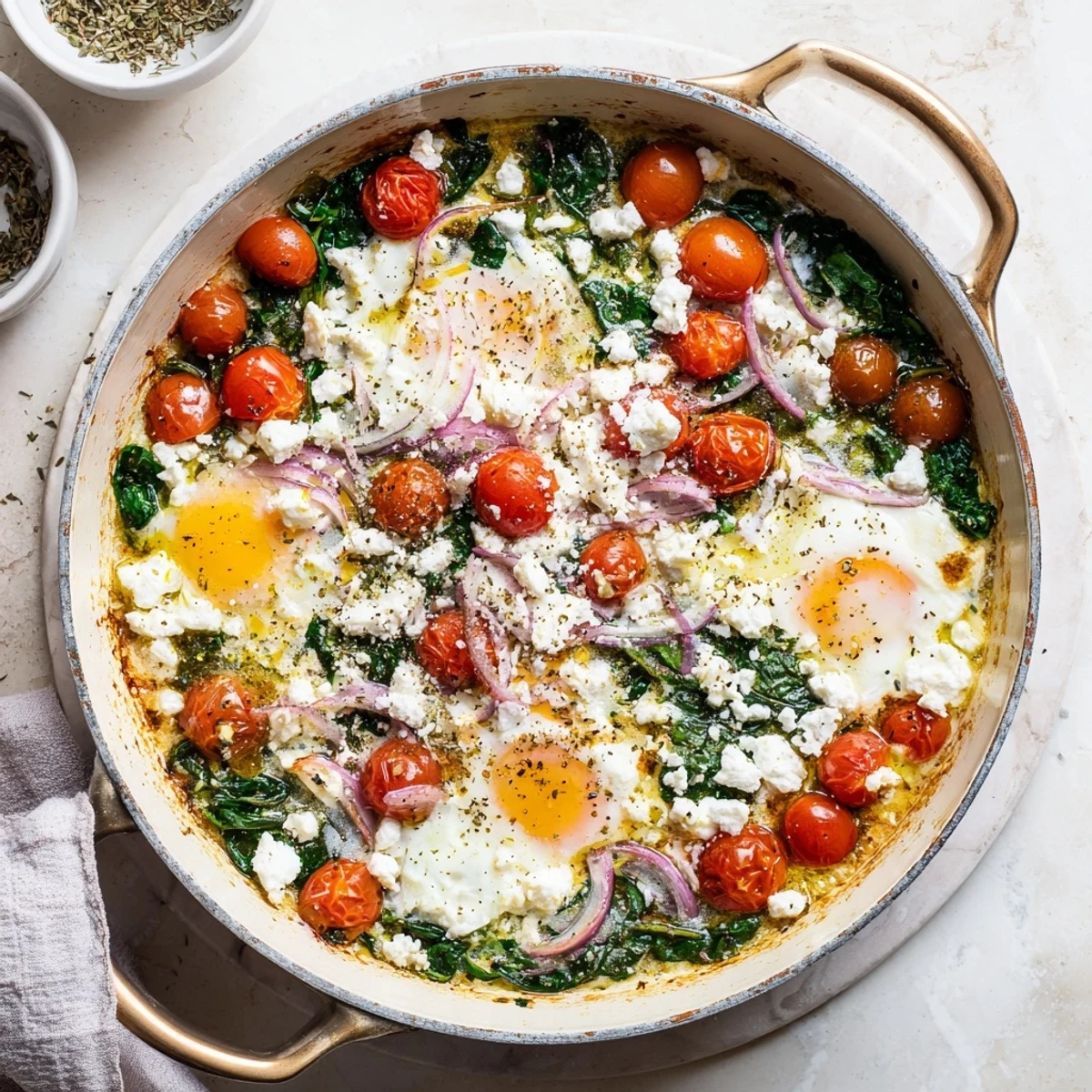 Golden baked feta eggs with juicy tomatoes and fresh spinach in a rustic skillet