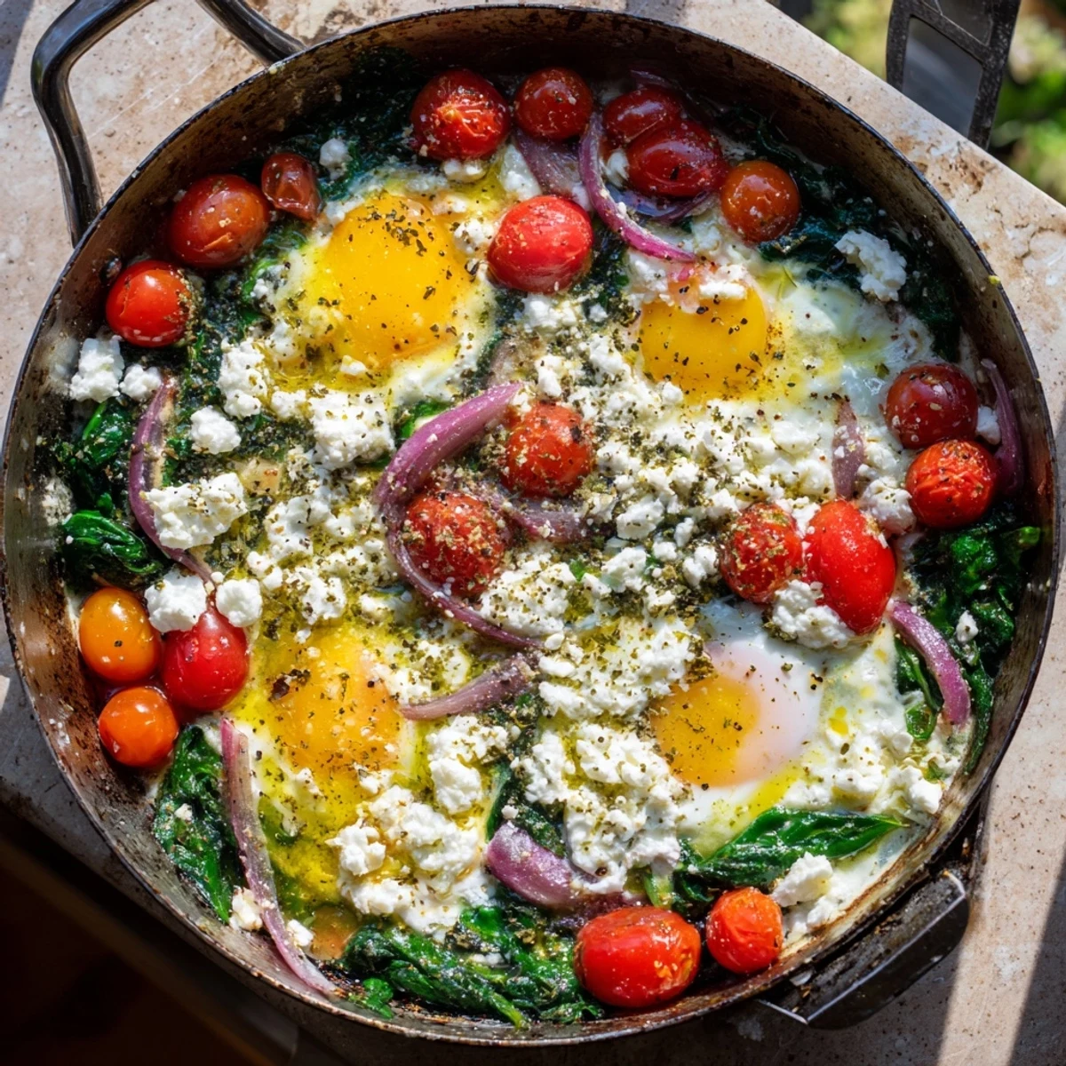 Creamy Mediterranean baked feta eggs featuring tender spinach and perfectly cooked egg yolks
