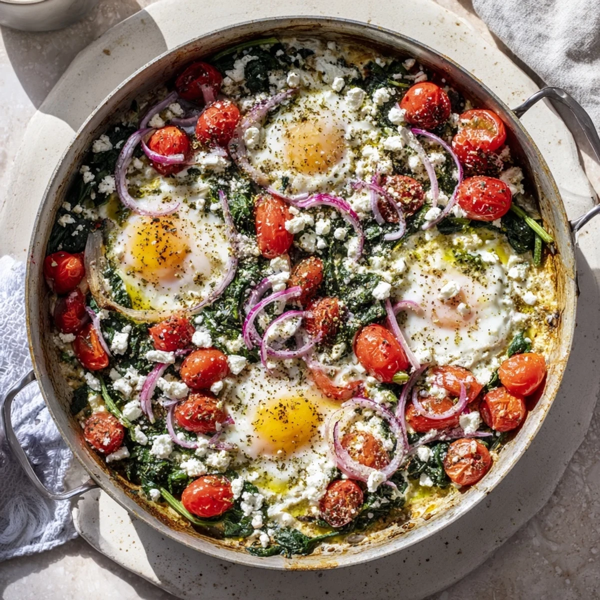 Savory baked feta eggs with wilted spinach and cherry tomatoes ready for breakfast