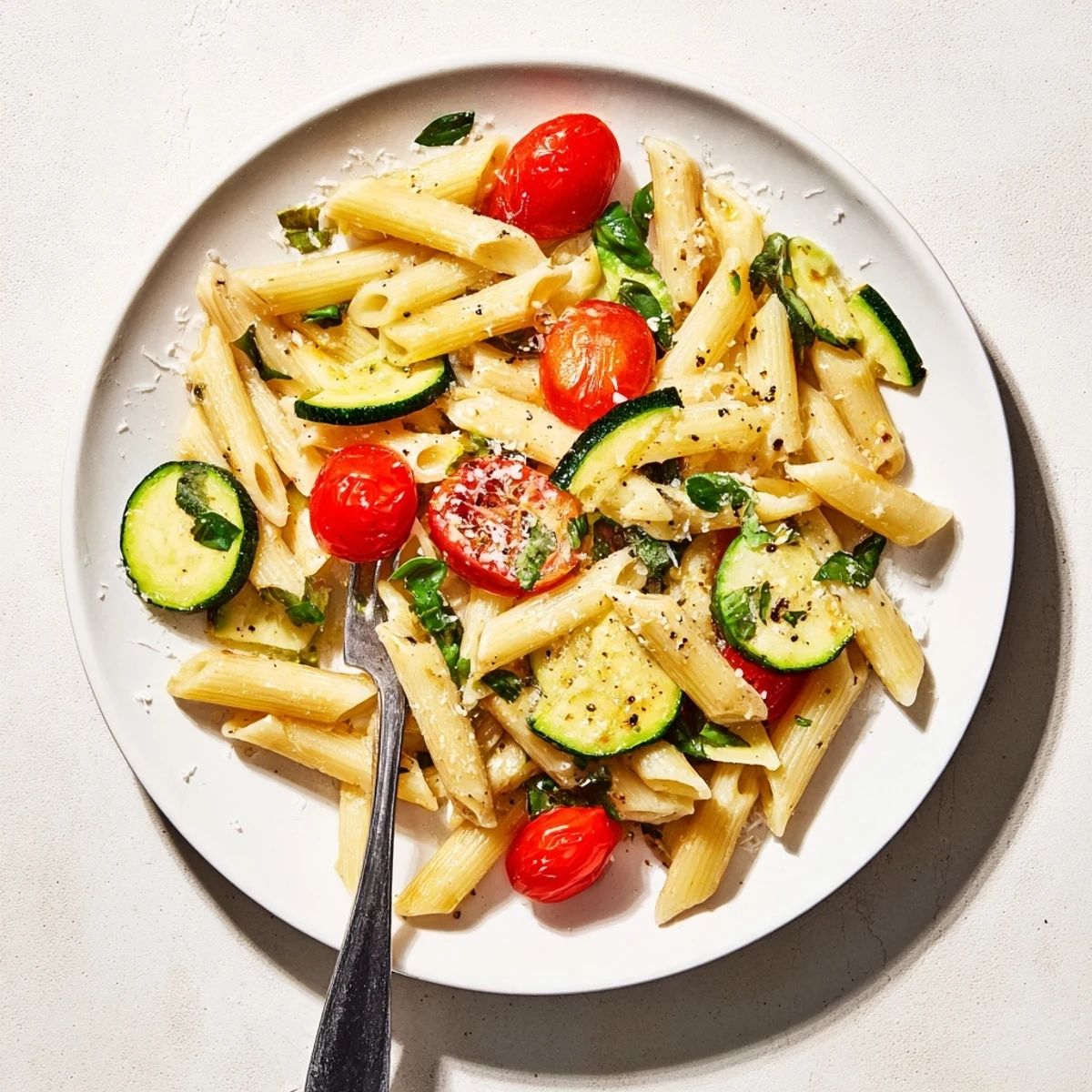 Golden tomato zucchini pasta tossed in a white bowl with fresh basil sprinkles