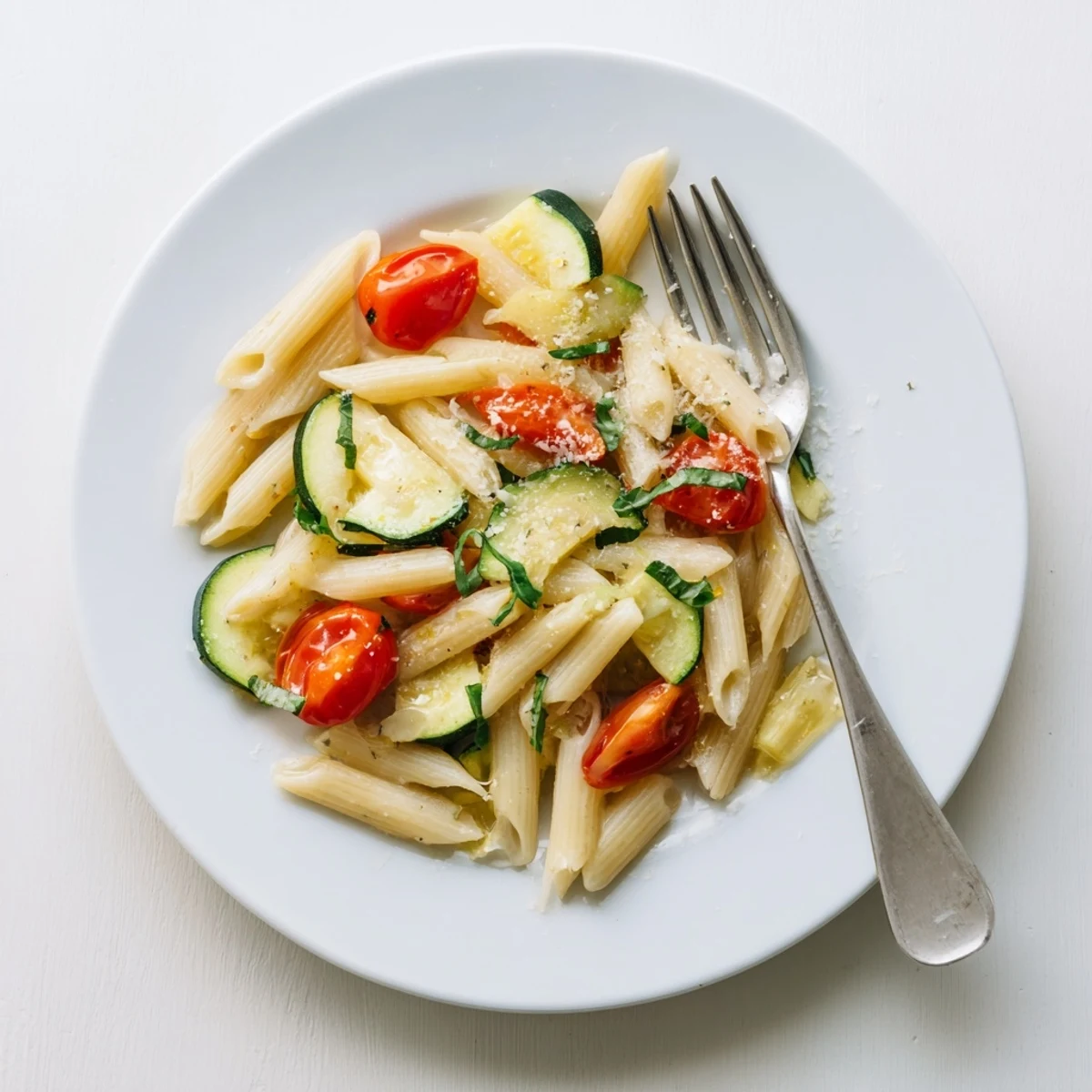 Close-up of tomato zucchini pasta coated in olive oil with grated Parmesan topping