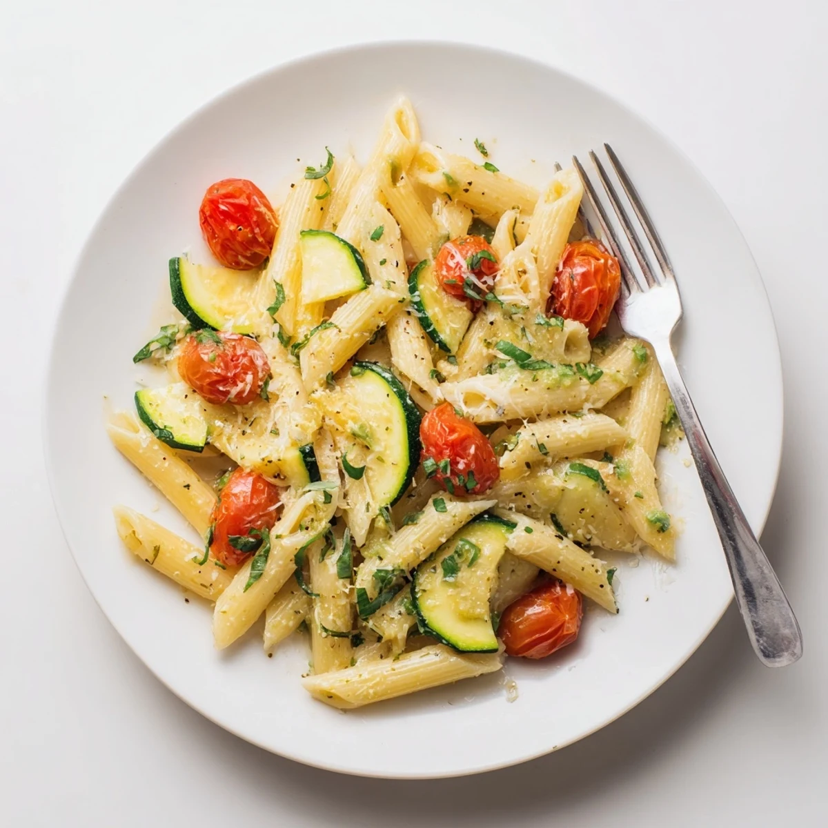 Steaming plate of tomato zucchini pasta featuring tender zucchini ribbons and cherry tomato halves