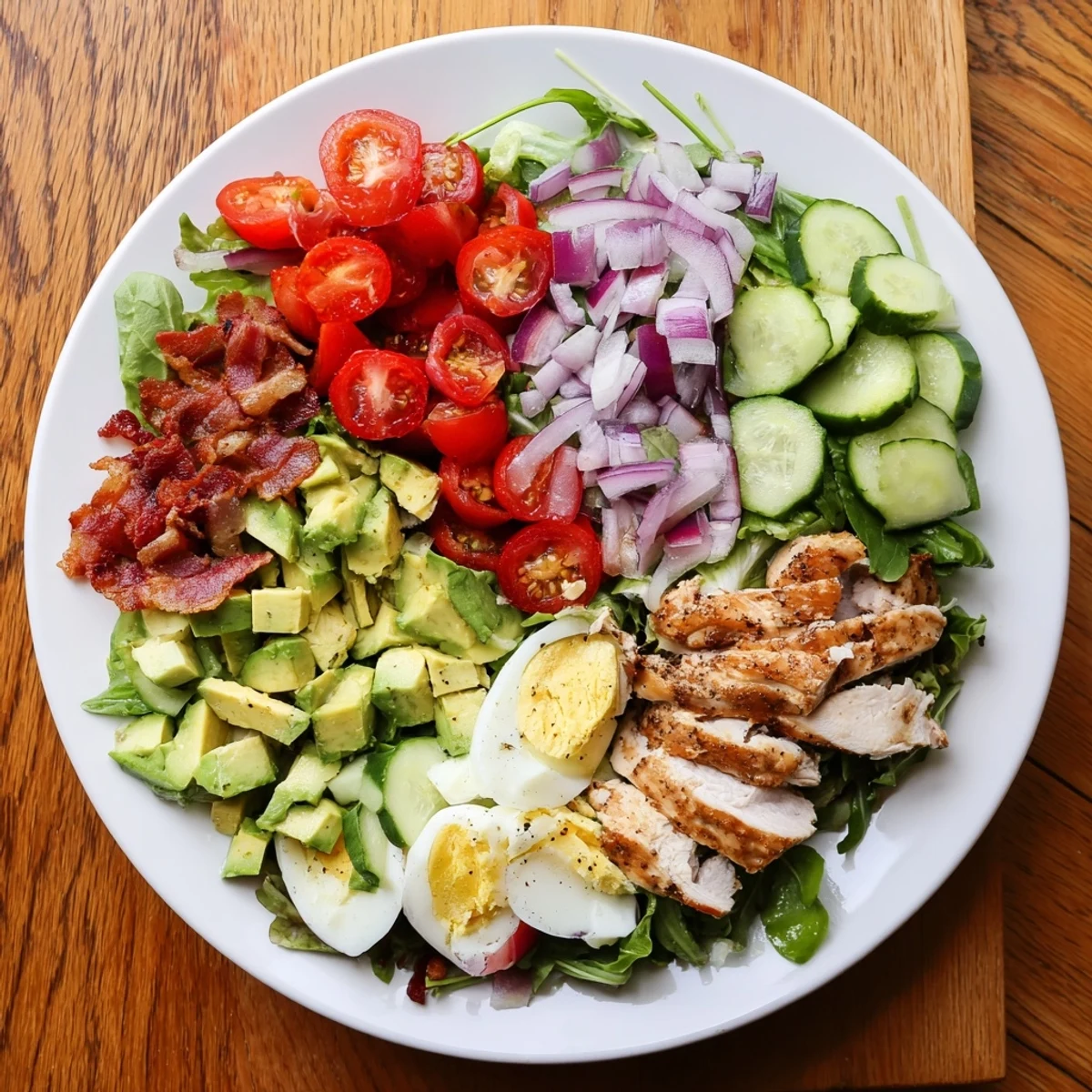 Colorful Paleo grilled chicken Cobb salad arranged with sliced chicken breast, avocado, bacon, and eggs on fresh greens
