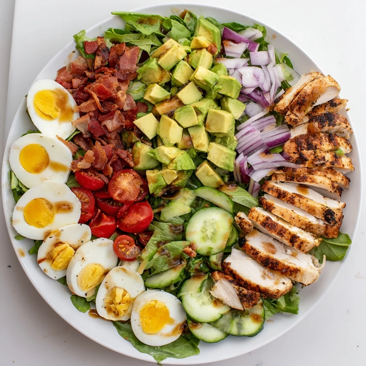 Sliced grilled chicken tops this vibrant Paleo Cobb salad featuring crisp vegetables, hard-boiled eggs, and crumbled bacon