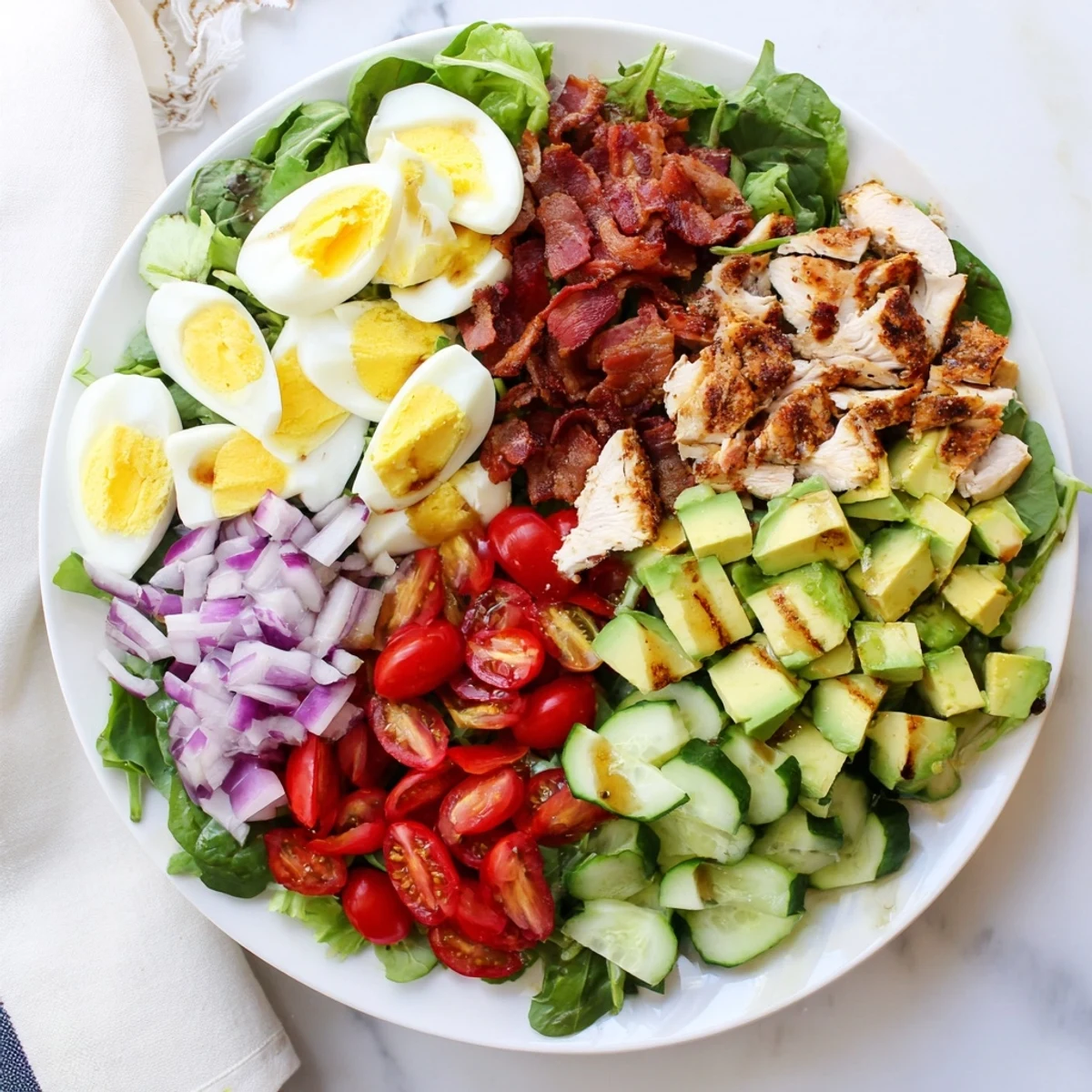 Wholesome Paleo grilled chicken Cobb salad plated with juicy tomatoes, creamy avocado, and protein-rich toppings