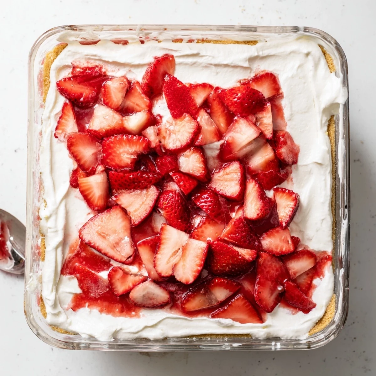 No bake strawberry shortcake dessert featuring whipped cream layers and macerated strawberries