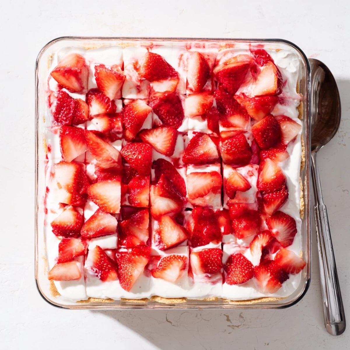 Creamy no bake strawberry shortcake with sweet strawberries and soft cookie layers