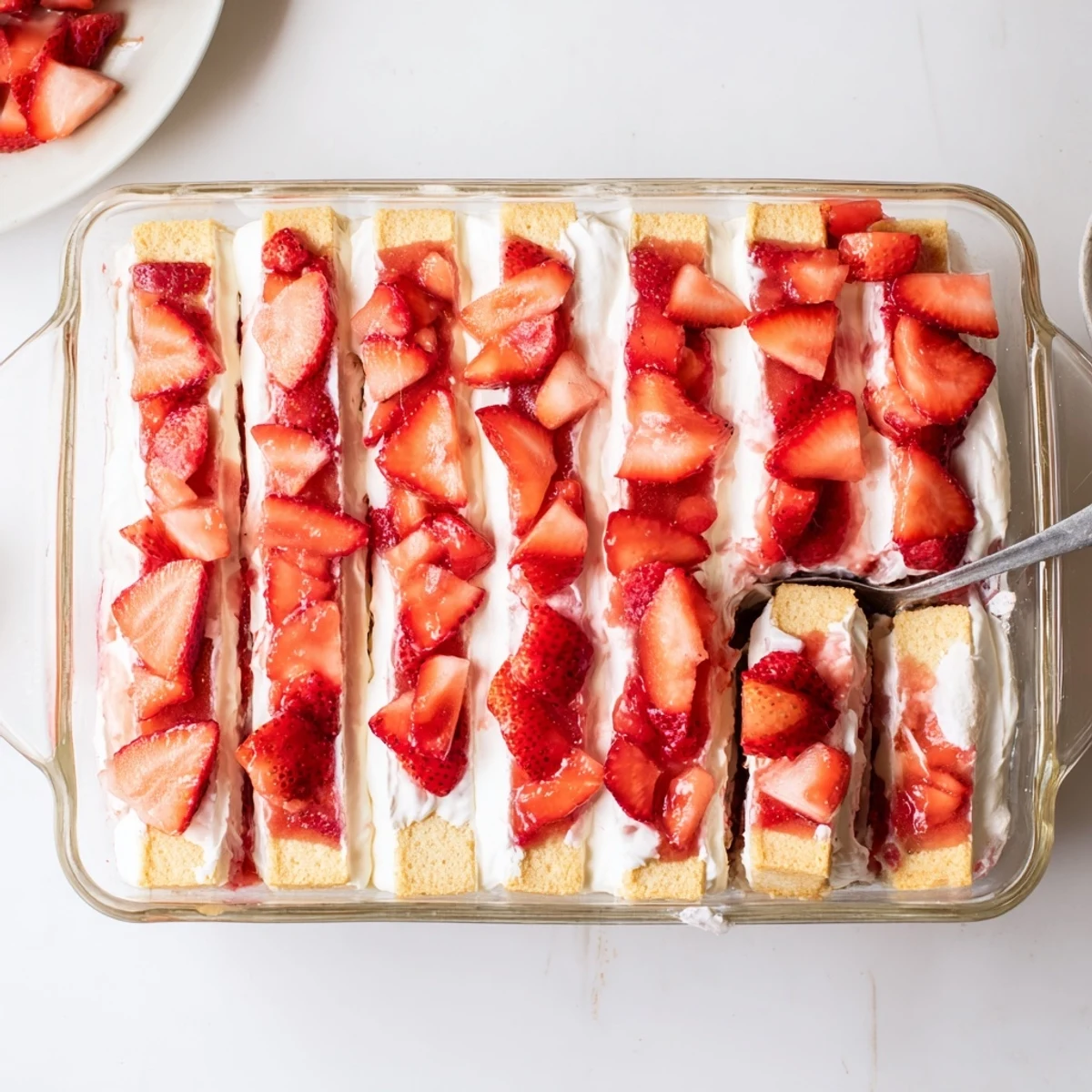 Square serving dish of layered strawberry shortcake dessert with juicy red berries