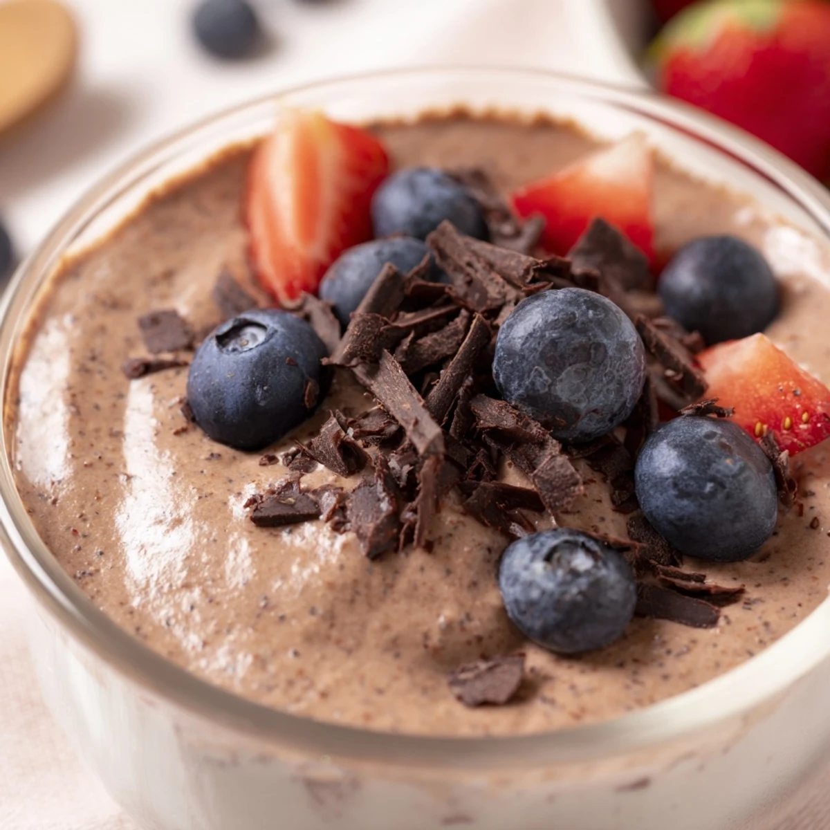 Creamy chocolate flaxseed pudding topped with fresh berries and dark chocolate shavings in glass serving cups