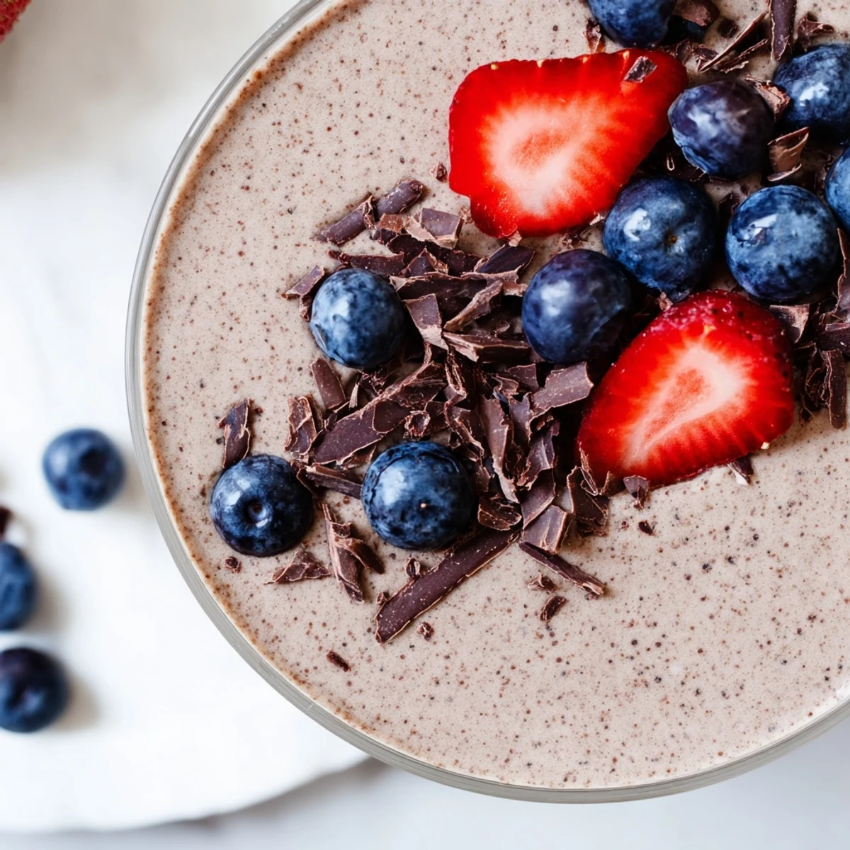 Rich chocolate flaxseed pudding dessert showcasing smooth texture with whipped cream and chopped nut garnish