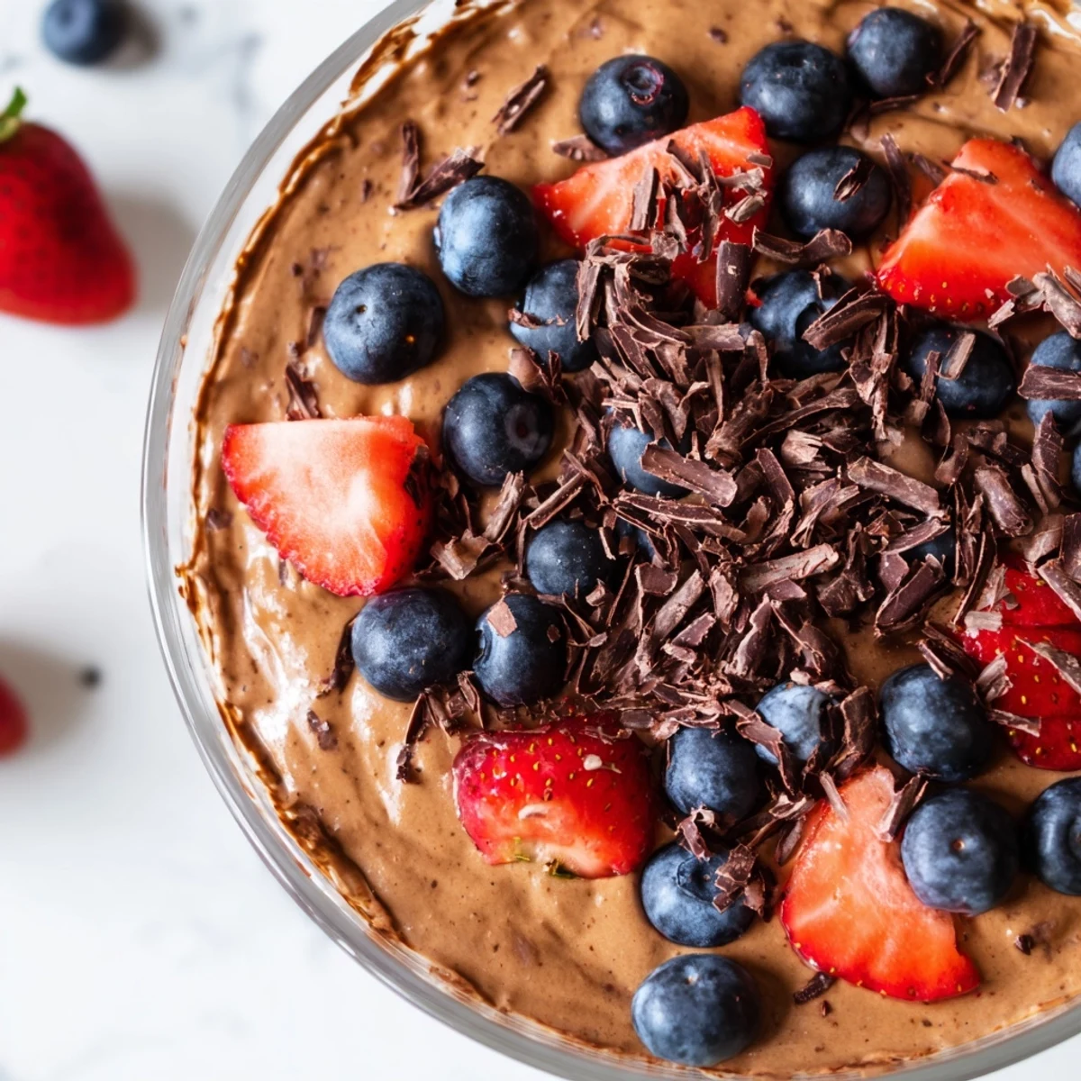 Healthy chocolate flaxseed pudding chilled to perfection with vibrant berry topping for a nutritious treat