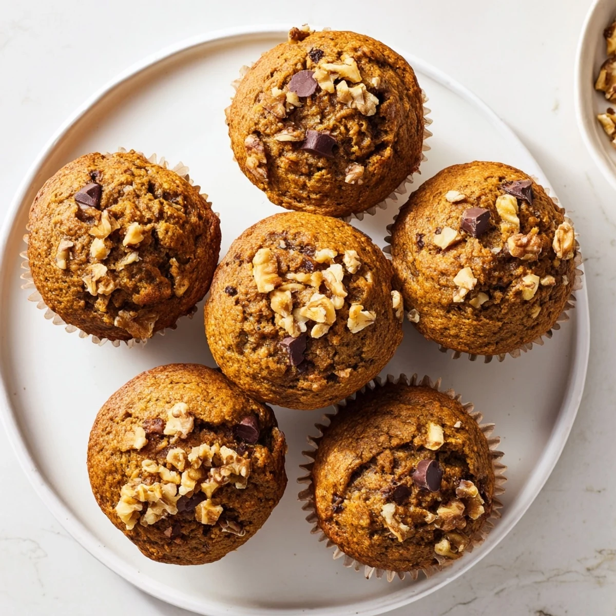 Batch of twelve spiced pumpkin banana muffins with chocolate chips, served warm on a white plate