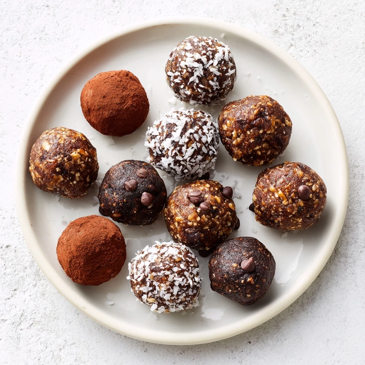 Rich fudgy no bake brownie bites rolled in coconut and chocolate chips