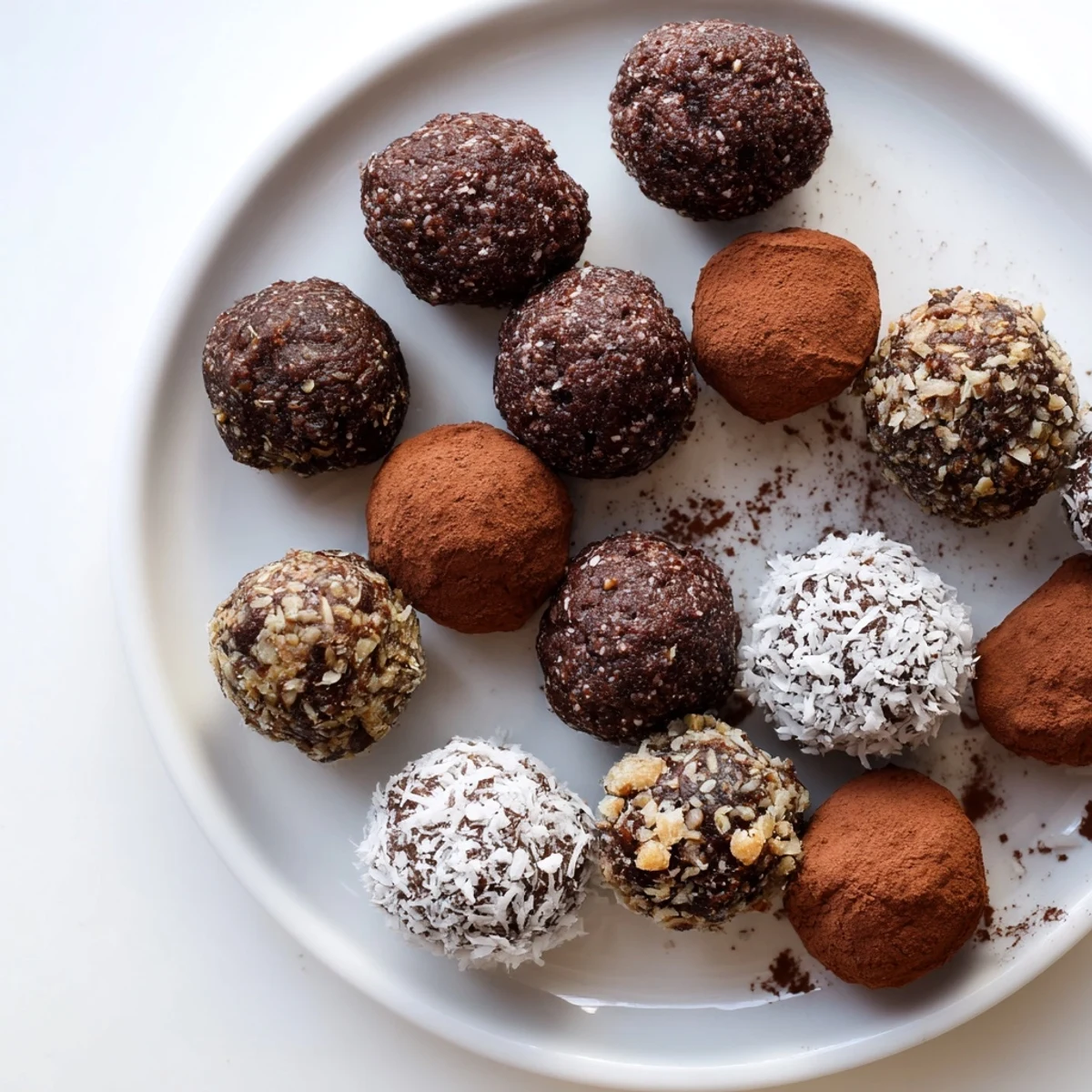 Close up of chocolatey no bake brownie bites on white serving plate