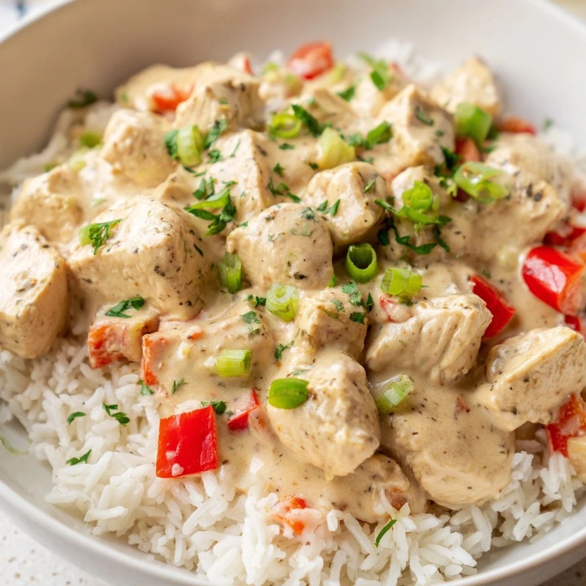 Vibrant Cajun chicken rice bowls topped with seasoned chicken and creamy sauce garnished with fresh green onions and parsley