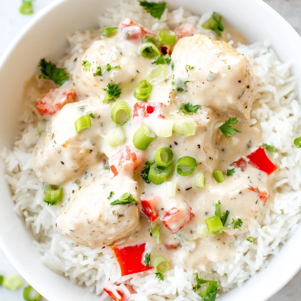 Creamy Cajun chicken rice bowls featuring spicy tender chicken pieces in rich sauce over fluffy white rice with colorful bell peppers
