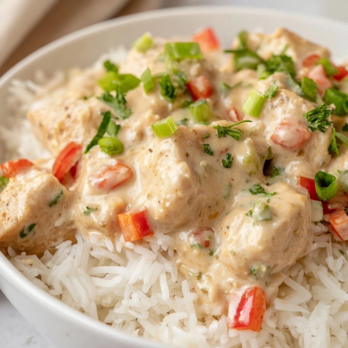 Close up of creamy Cajun chicken rice bowls with tender meat and vegetables in a spicy rich sauce over rice