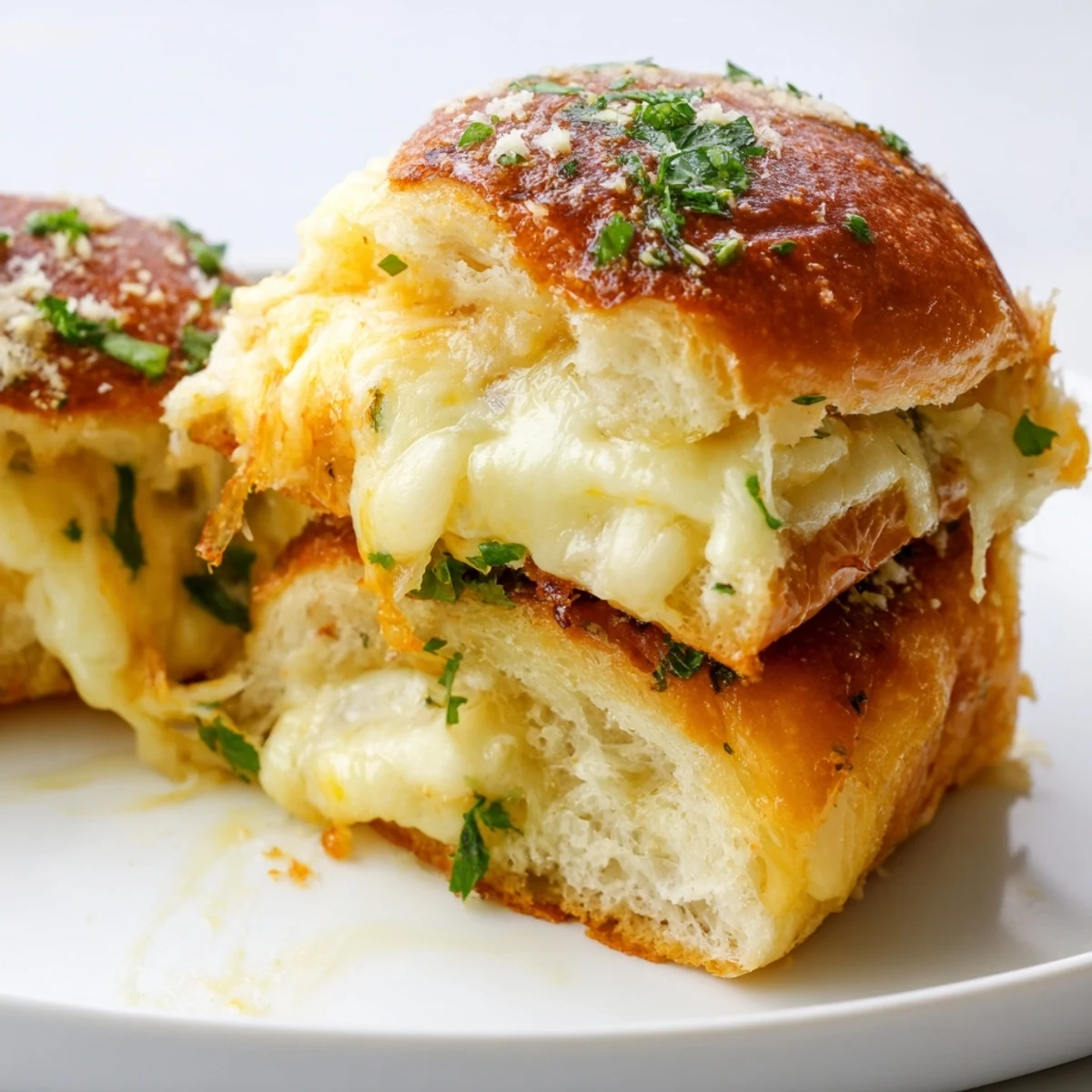 Baked Hawaiian sweet roll sliders brushed with garlic butter and topped with parsley garnish