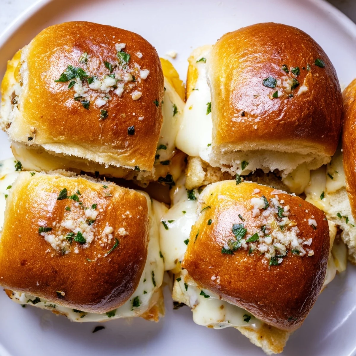 Golden brown mini grilled cheese Hawaiian rolls with melted mozzarella and cheddar cheese layers