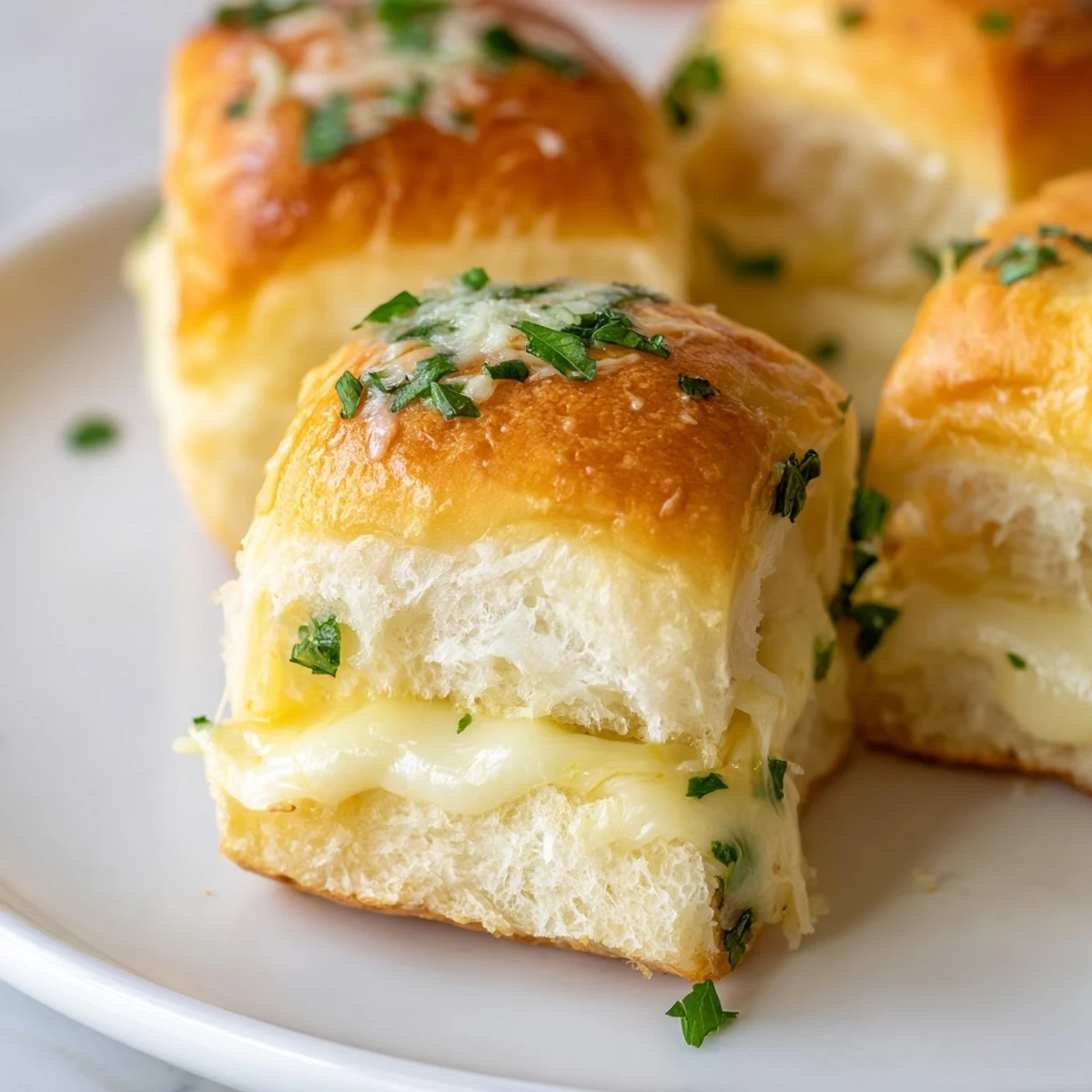 Gooey cheese stuffed Hawaiian roll sandwiches toasted to perfection on a parchment lined baking sheet