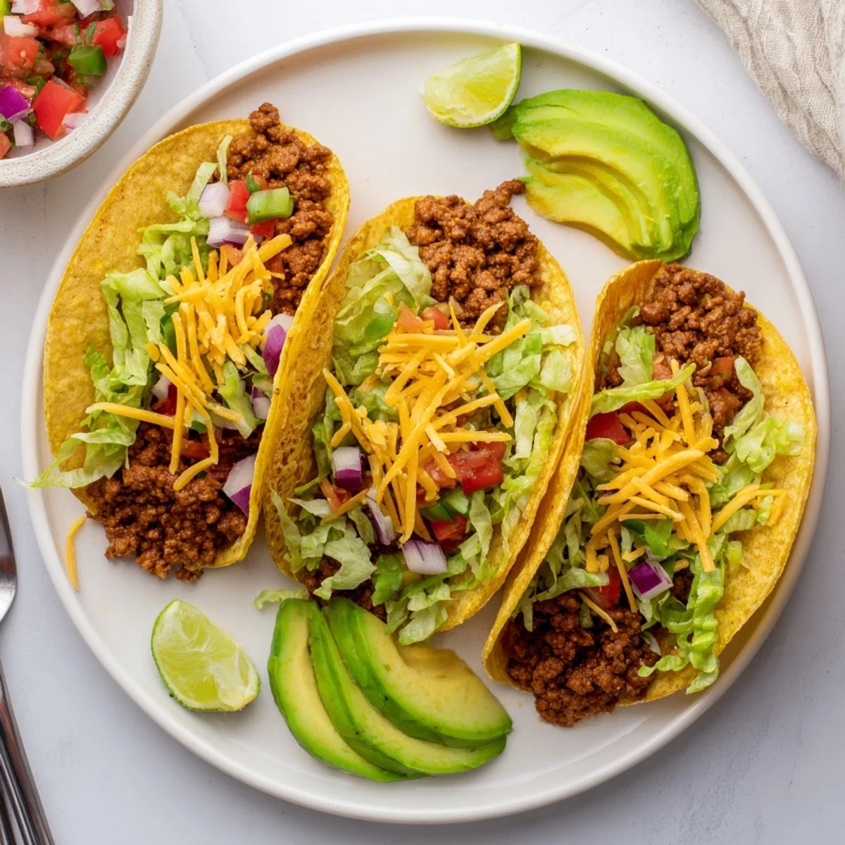 Hearty ground beef tacos garnished with vibrant homemade pico de gallo, shredded lettuce, melted cheese, and creamy avocado