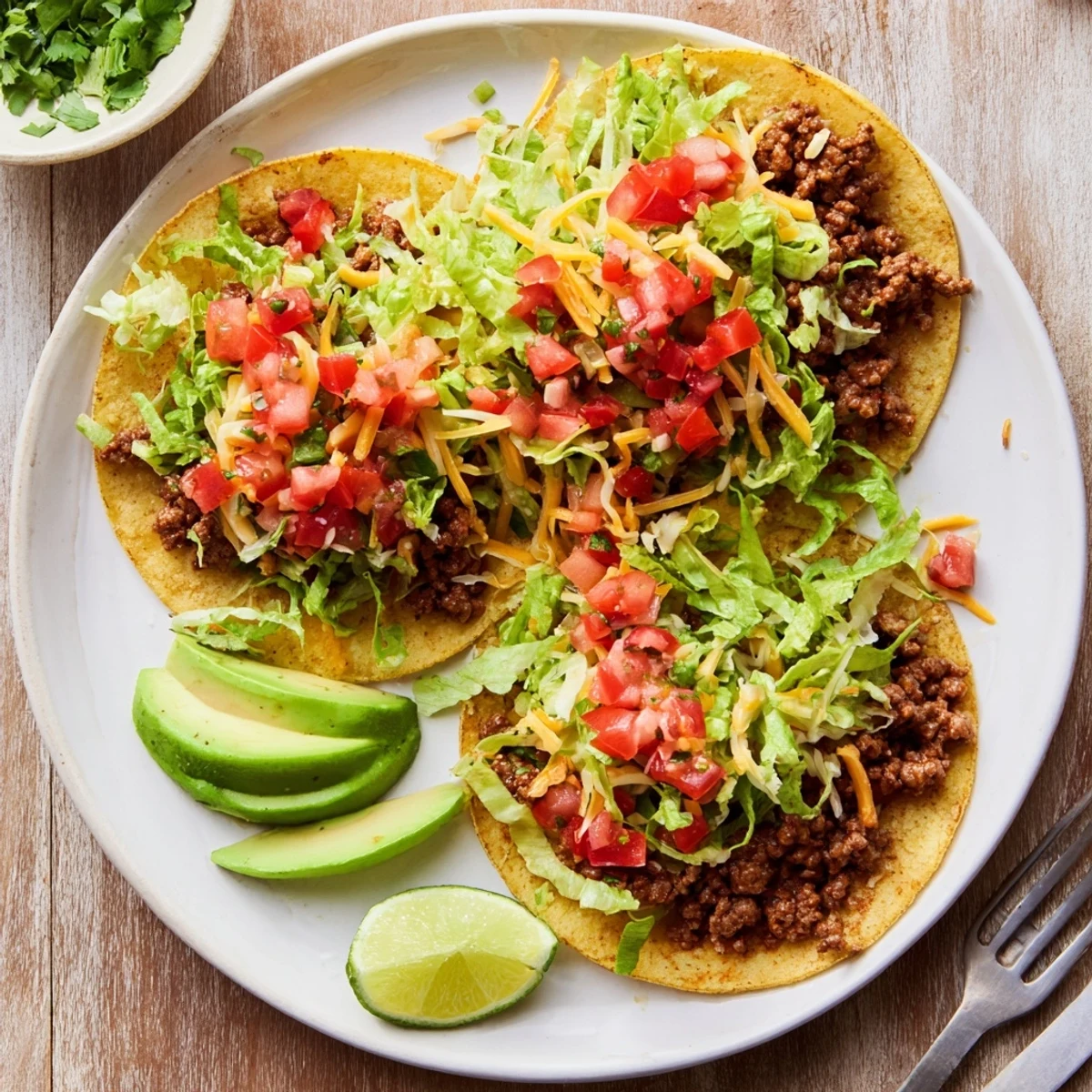Golden corn tortillas filled with seasoned ground beef tacos topped with fresh red pico de gallo and green avocado slices