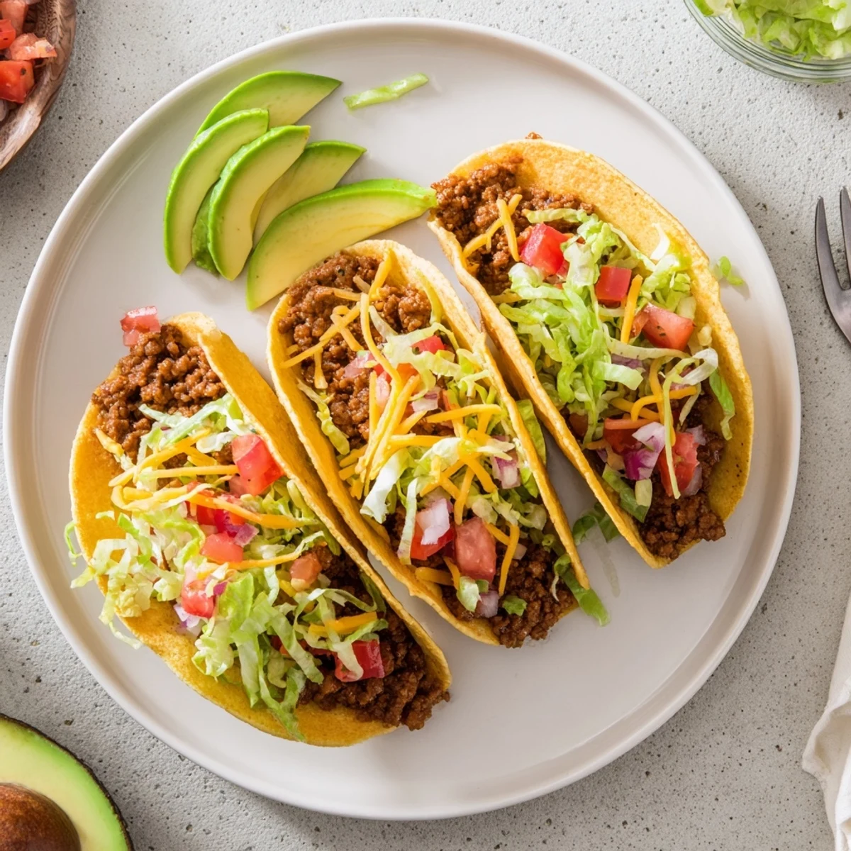 Loaded ground beef tacos in warm tortillas featuring zesty homemade seasoning and colorful pico de gallo topping