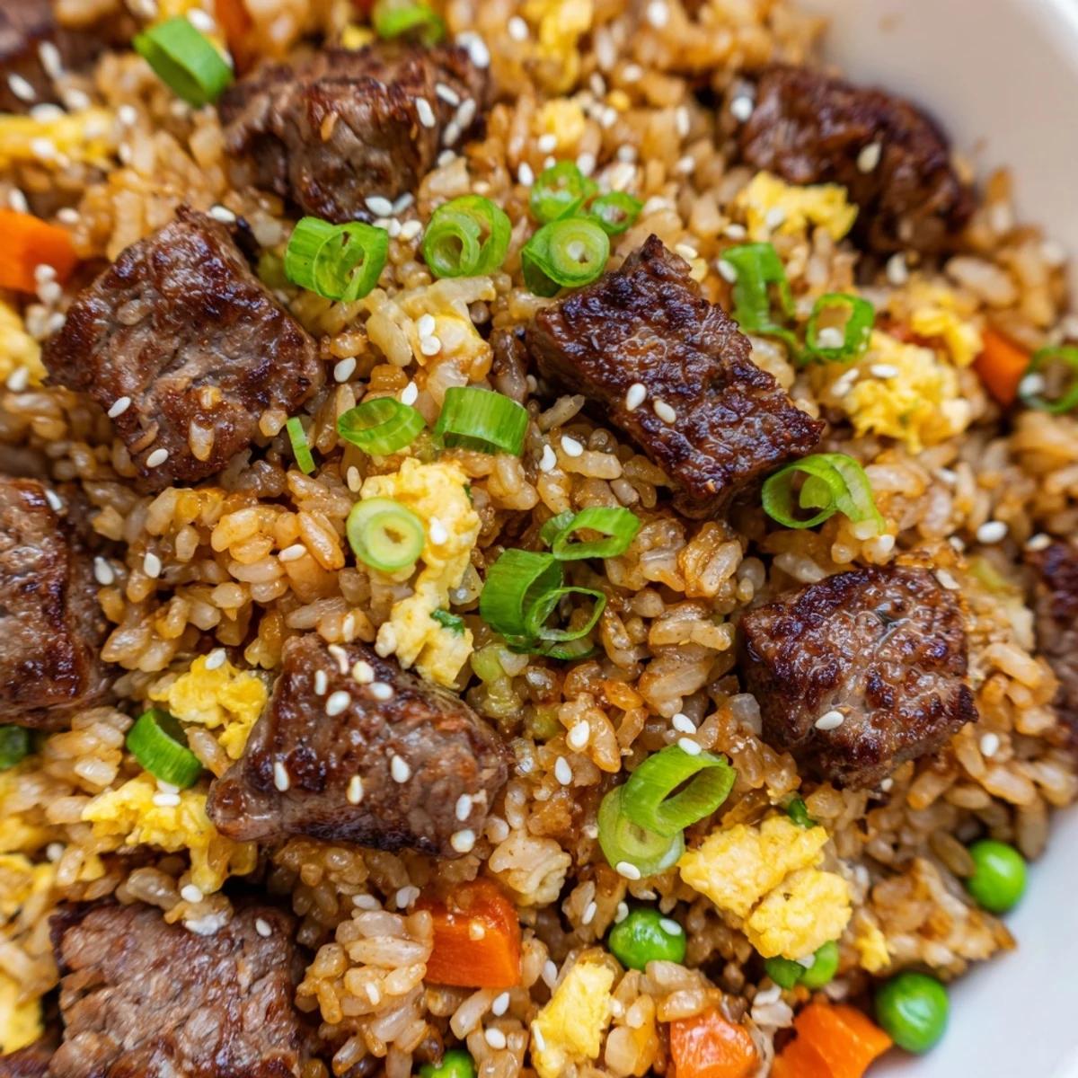 Savory Blackstone hibachi steak fried rice topped with sesame seeds and fresh green onions