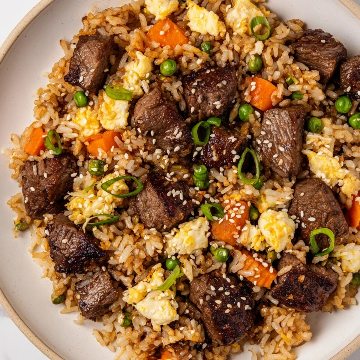 Golden fried rice with tender seared steak and colorful vegetables on a Blackstone griddle