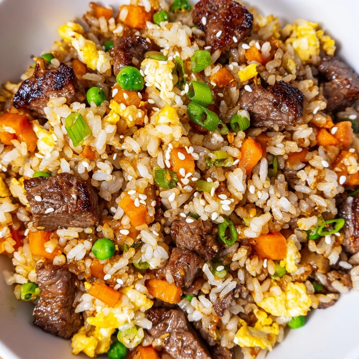Japanese-inspired fried rice featuring juicy steak cubes, peas, carrots, and scrambled eggs on flat-top