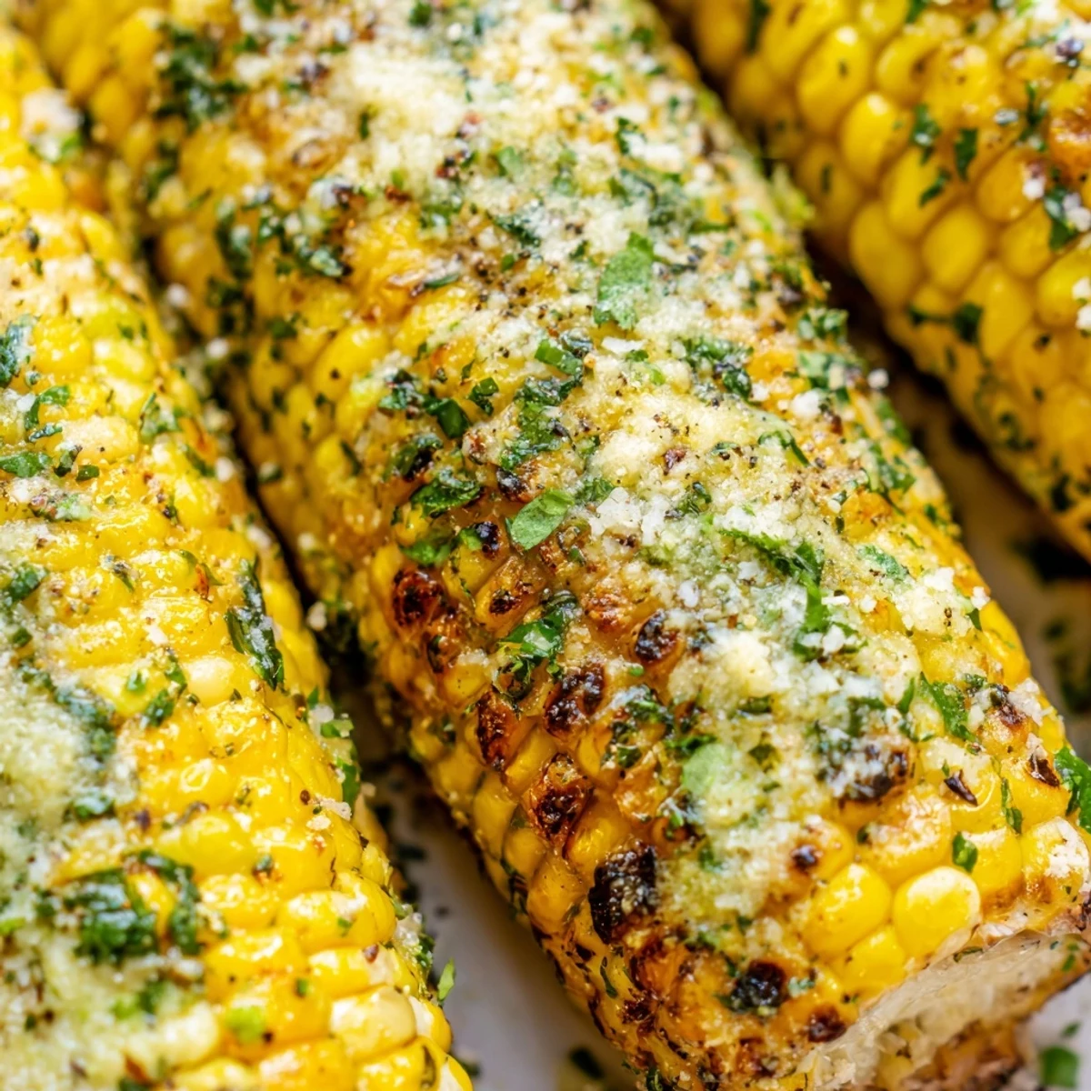 Golden grilled corn on the cob coated with zesty parmesan ranch herbs and charred kernels