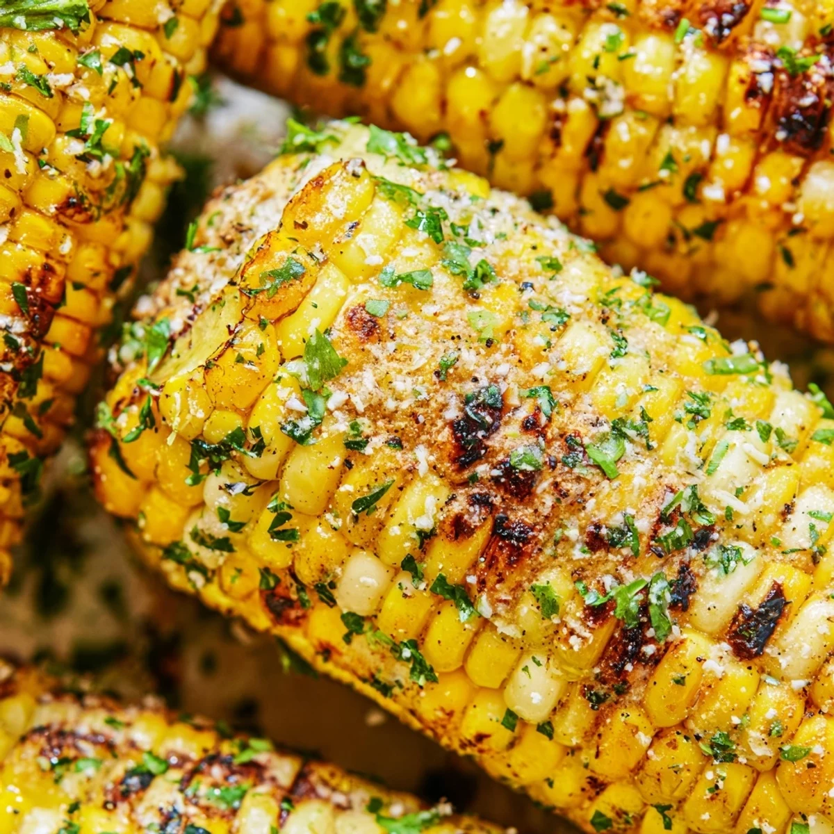 Hot buttered corn on the cob topped with melted parmesan ranch seasoning and fresh green herbs