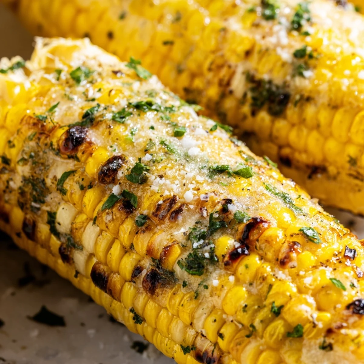 Flame-grilled sweet corn ears sprinkled generously with savory parmesan ranch herb mixture on summer plates